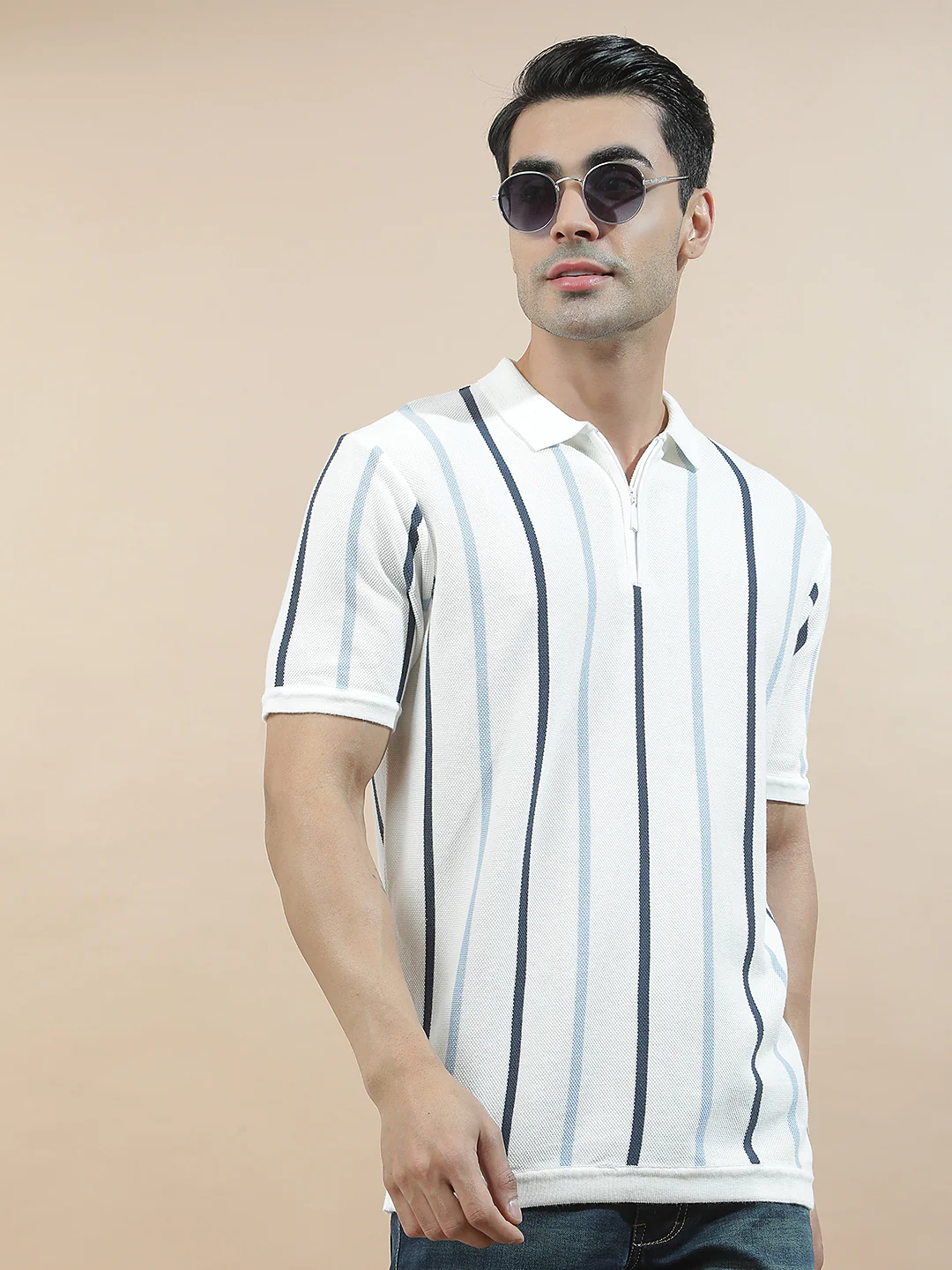 T-Shirt for Men | Breathable & Soft with Color Fastness Regular Fit Polo Neck Cotton Blend Fabric Striped Pattern - Image 2
