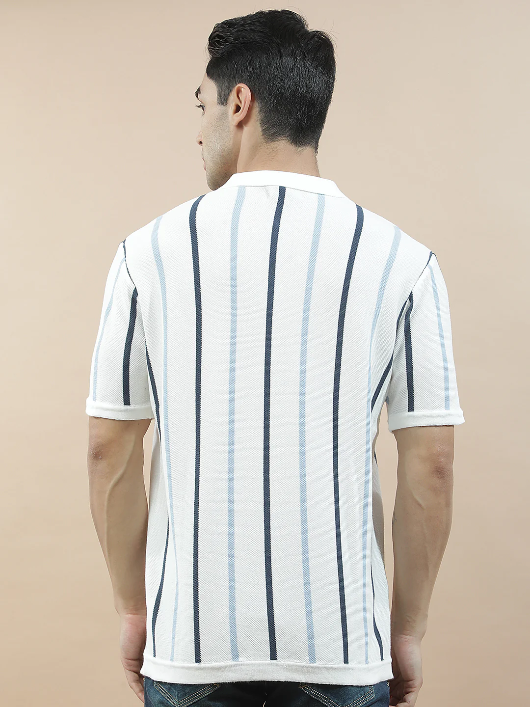 T-Shirt for Men | Breathable & Soft with Color Fastness Regular Fit Polo Neck Cotton Blend Fabric Striped Pattern - Image 3