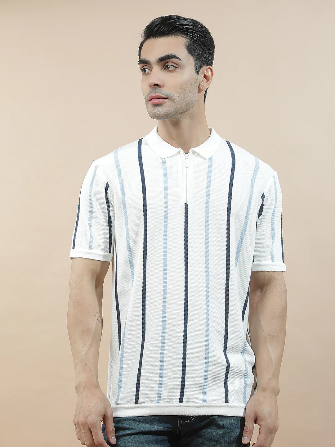 T-Shirt for Men | Breathable & Soft with Color Fastness Regular Fit Polo Neck Cotton Blend Fabric Striped Pattern - Image 4