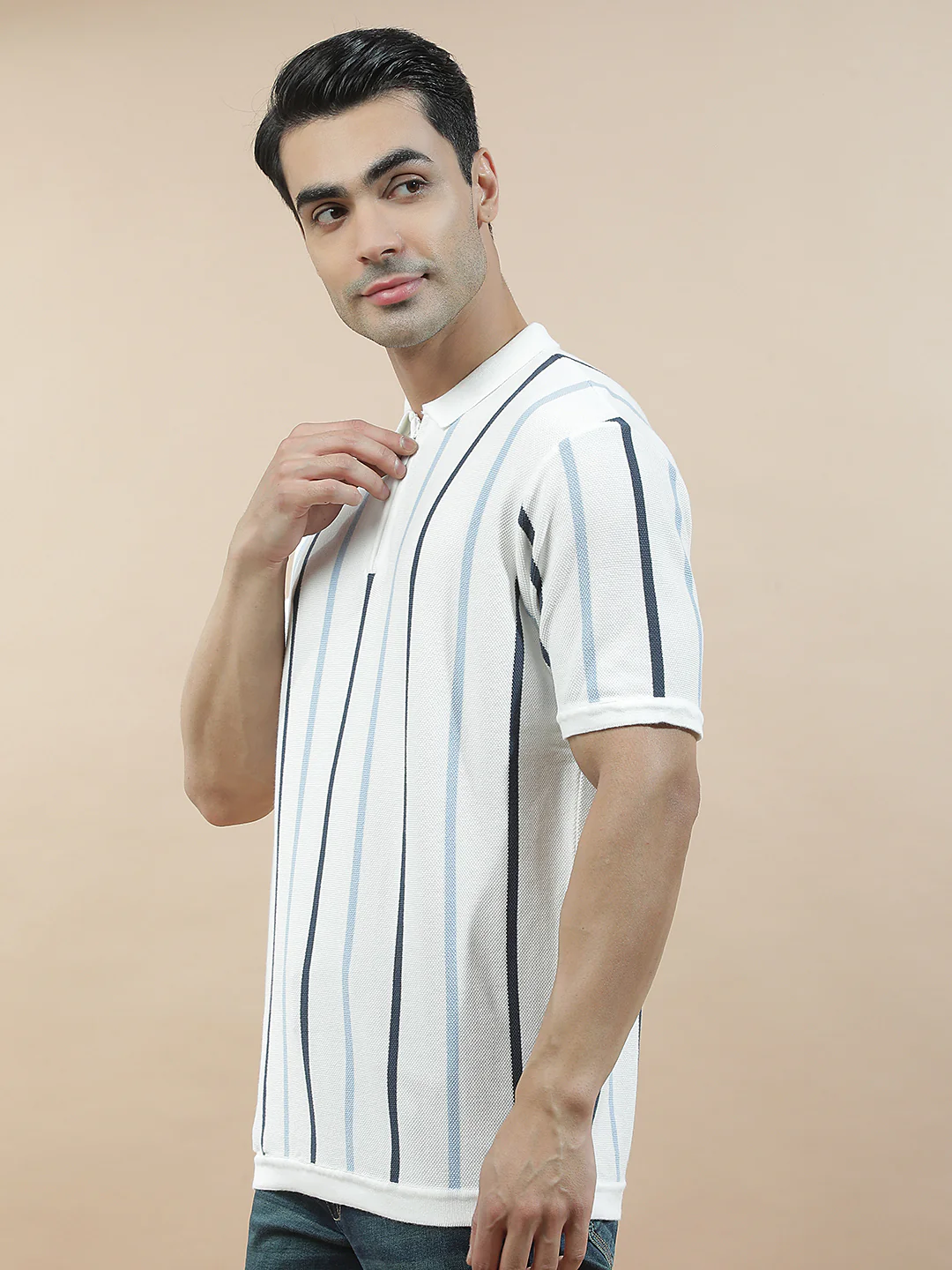 T-Shirt for Men | Breathable & Soft with Color Fastness Regular Fit Polo Neck Cotton Blend Fabric Striped Pattern - Image 5