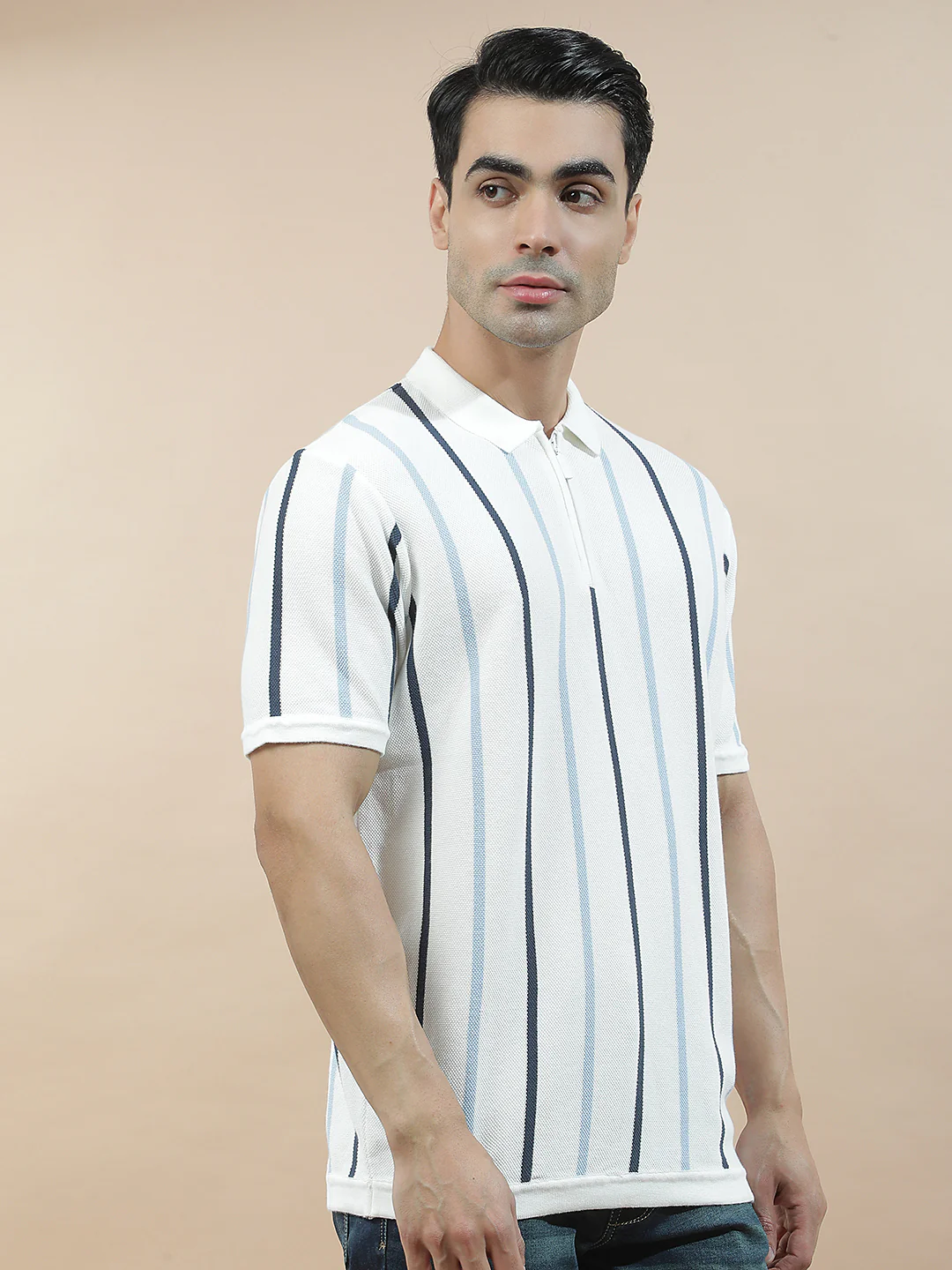 T-Shirt for Men | Breathable & Soft with Color Fastness Regular Fit Polo Neck Cotton Blend Fabric Striped Pattern - Image 6