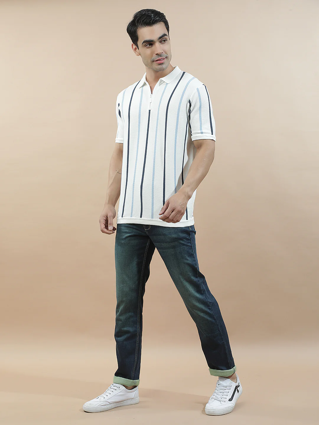 T-Shirt for Men | Breathable & Soft with Color Fastness Regular Fit Polo Neck Cotton Blend Fabric Striped Pattern - Image 8