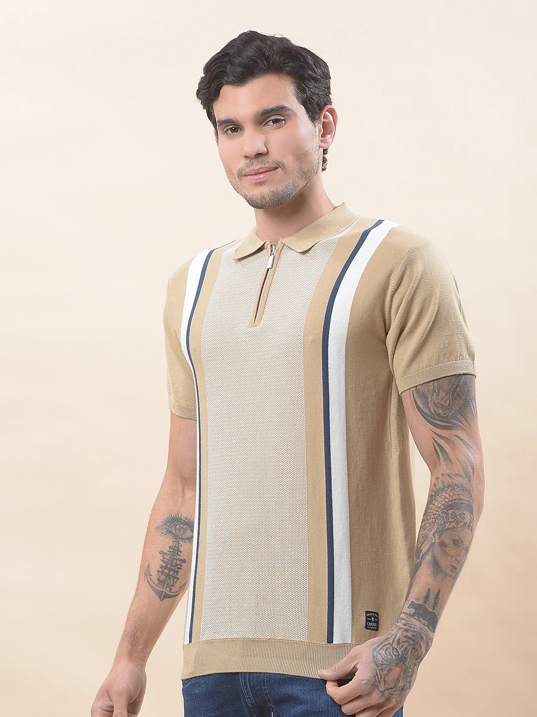 T-Shirt for Men | Breathable & Soft with Color Fastness Regular Fit Polo Neck Cotton Blend Fabric Striped Pattern - Image 6