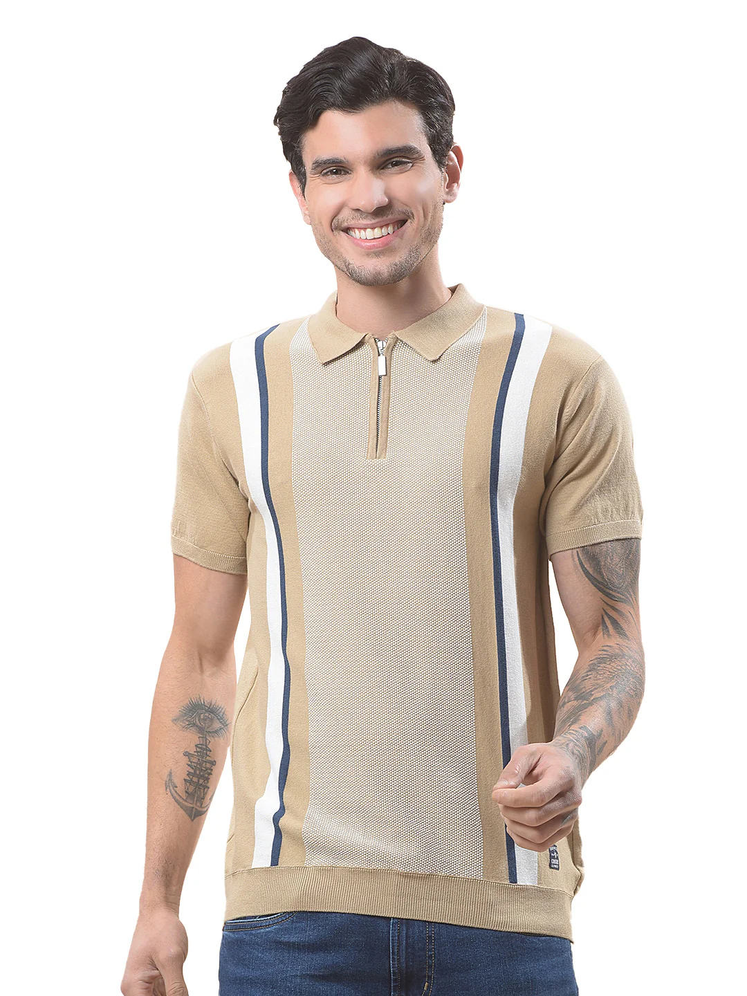 T-Shirt for Men | Breathable & Soft with Color Fastness Regular Fit Polo Neck Cotton Blend Fabric Striped Pattern - Image 9