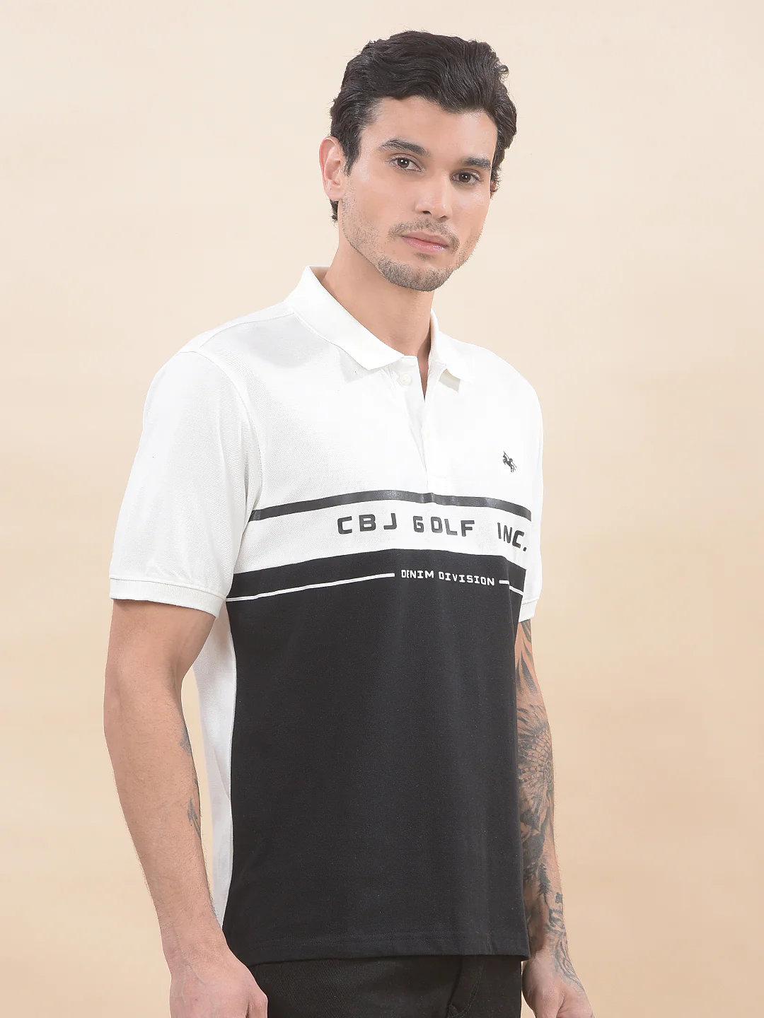 T-Shirt for Men | Breathable & Soft with Color Fastness Regular Fit Polo Neck Poly Cotton Fabric Colourblocked Pattern