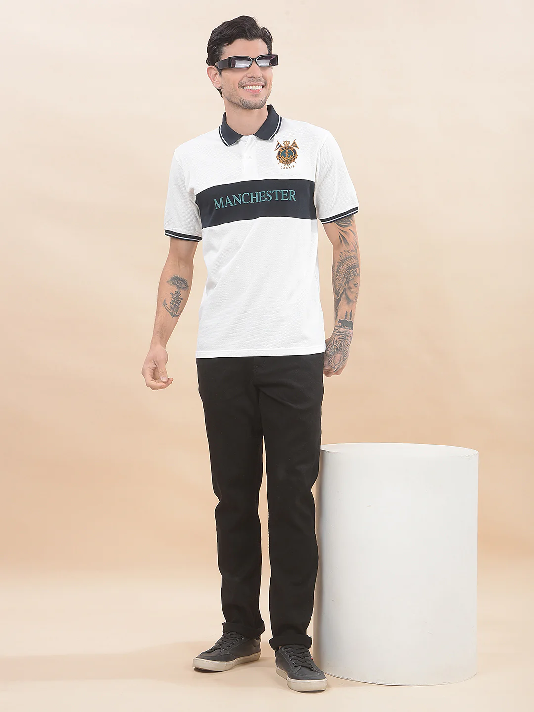 T-Shirt for Men | Breathable & Soft with Color Fastness Regular Fit Polo Neck Poly Cotton Fabric Colourblocked Pattern