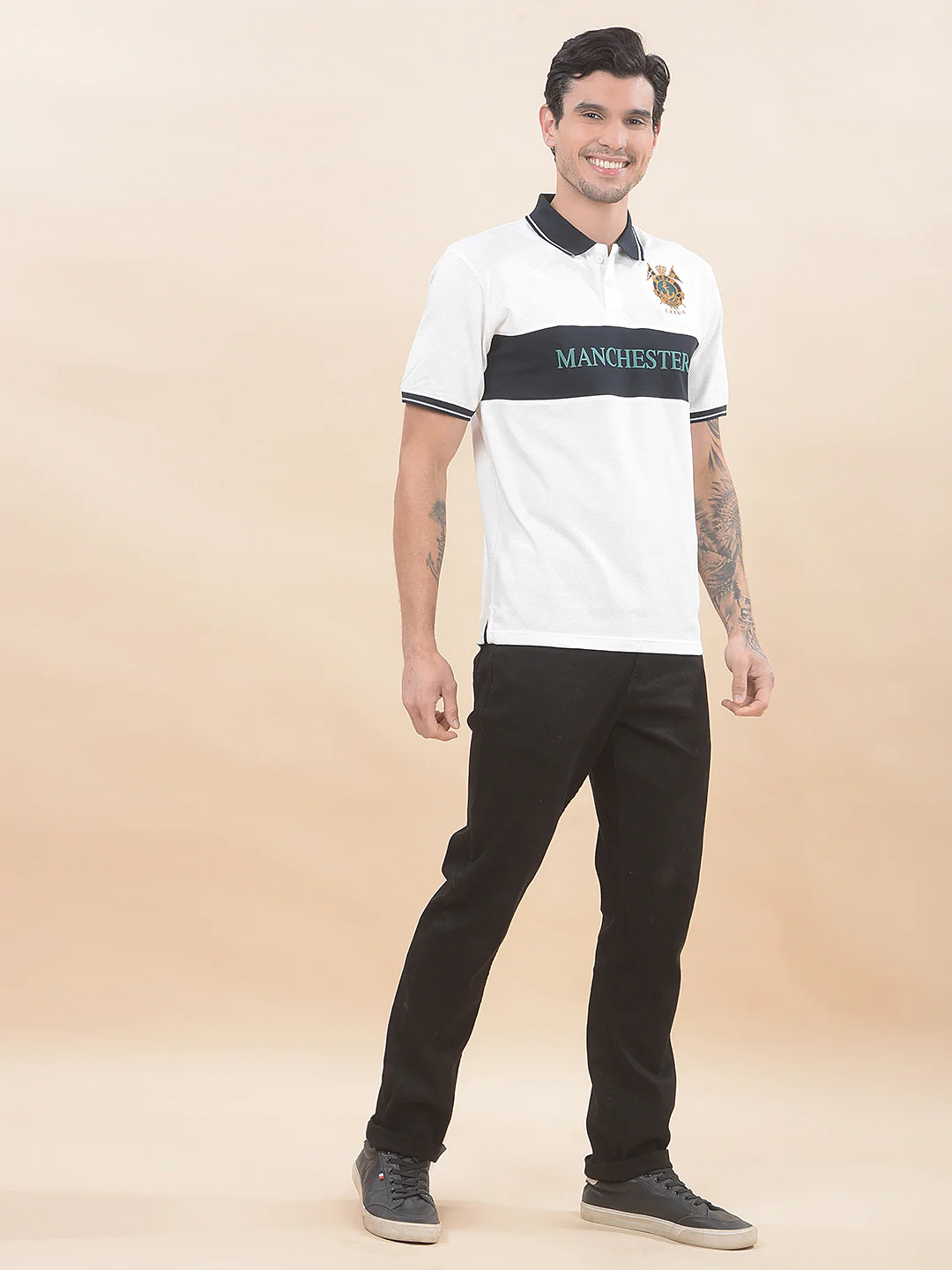 T-Shirt for Men | Breathable & Soft with Color Fastness Regular Fit Polo Neck Poly Cotton Fabric Colourblocked Pattern - Image 4