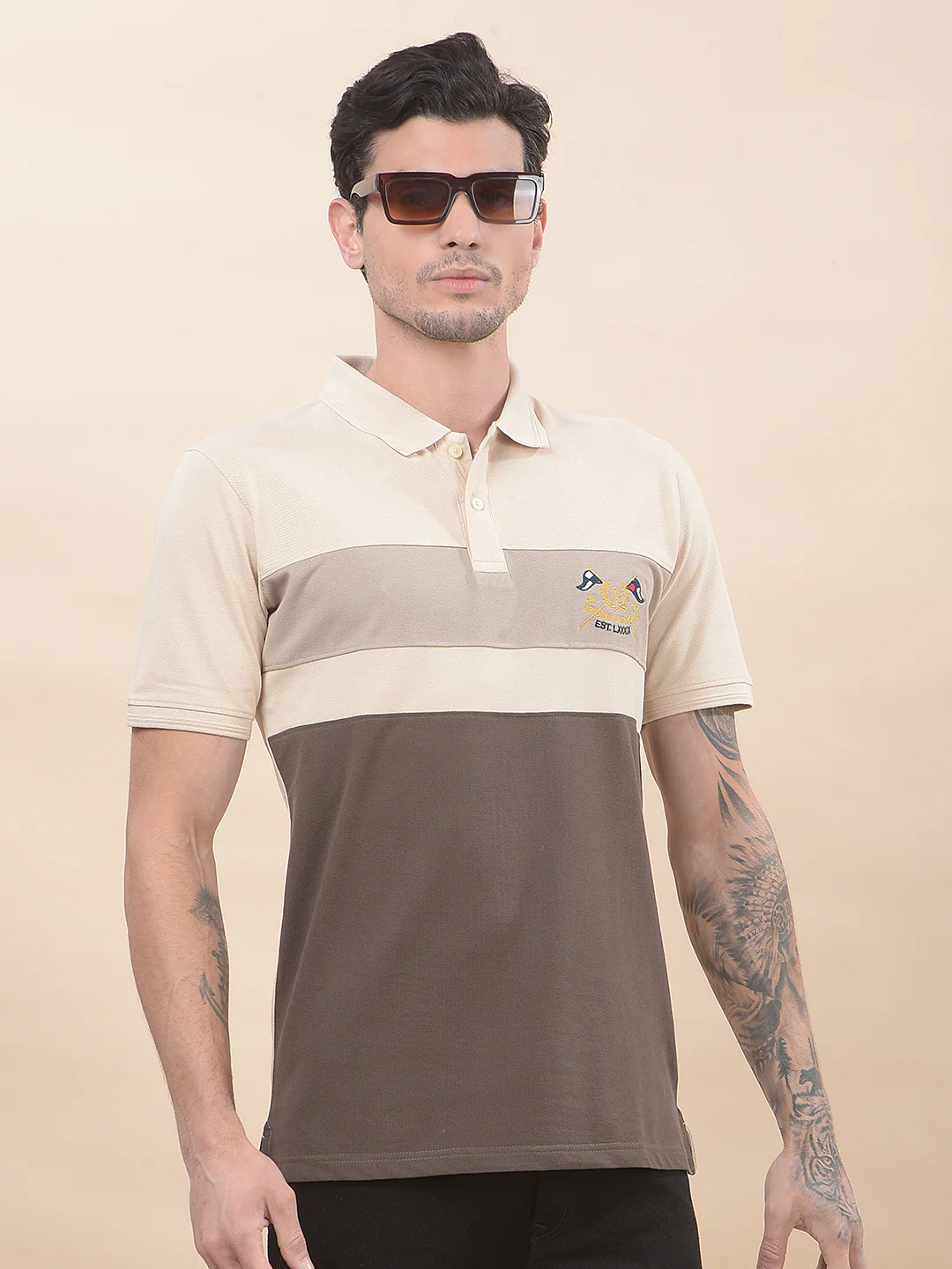 T-Shirt for Men | Breathable & Soft with Color Fastness Regular Fit Polo Neck Poly Cotton Fabric Colourblocked Pattern