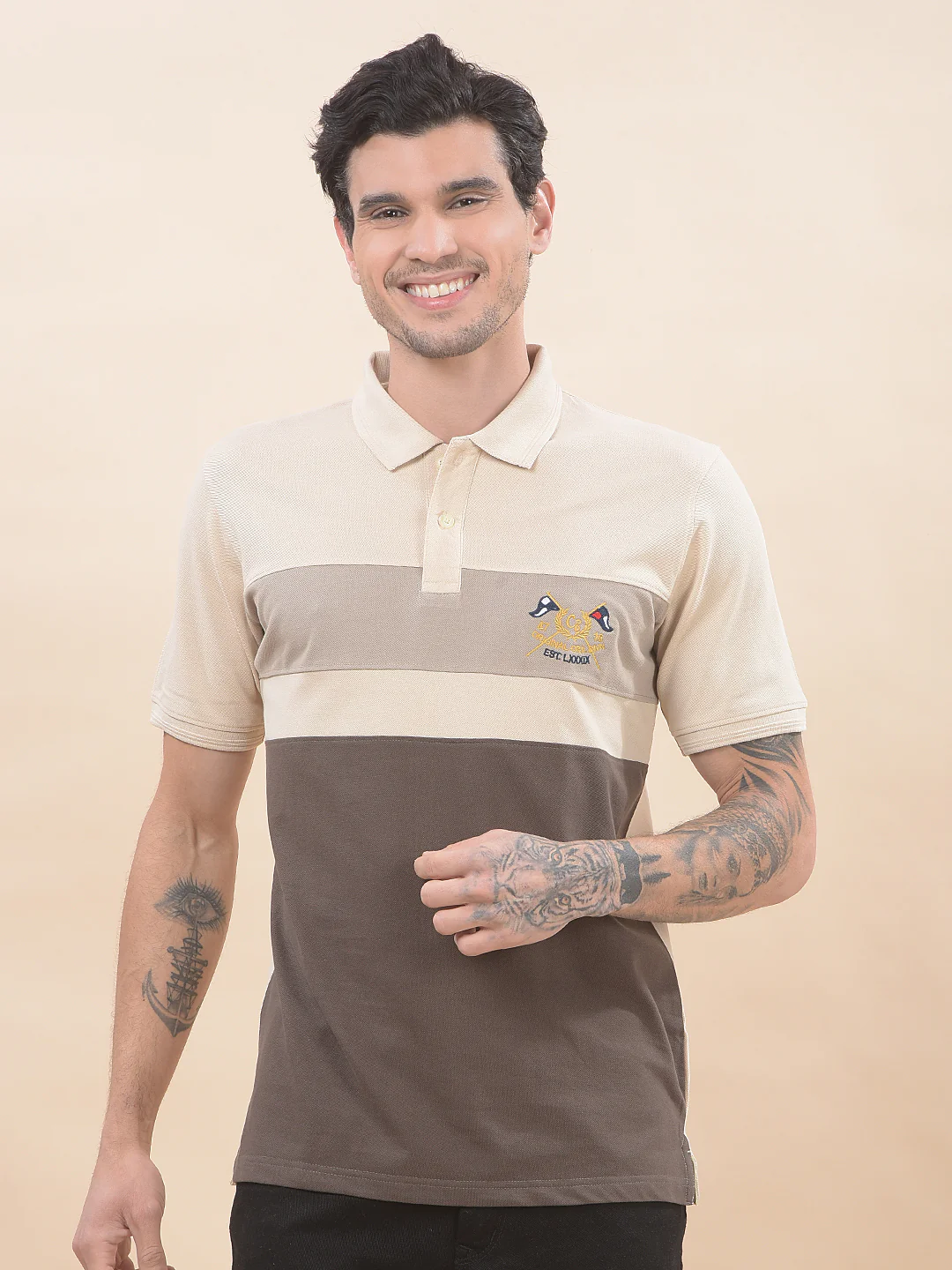 T-Shirt for Men | Breathable & Soft with Color Fastness Regular Fit Polo Neck Poly Cotton Fabric Colourblocked Pattern - Image 3