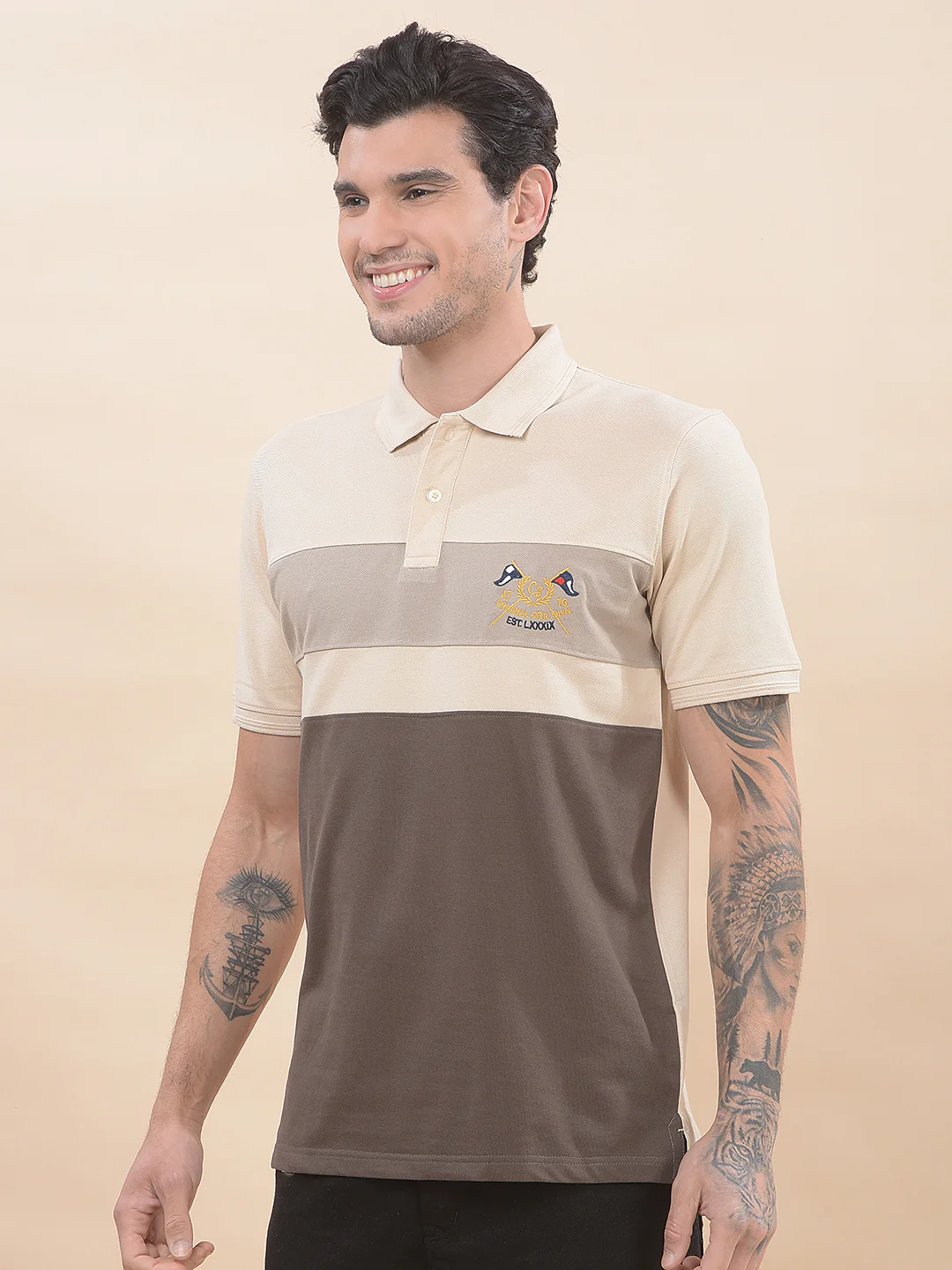 T-Shirt for Men | Breathable & Soft with Color Fastness Regular Fit Polo Neck Poly Cotton Fabric Colourblocked Pattern - Image 4