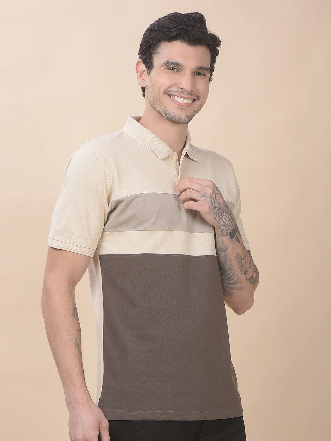 T-Shirt for Men | Breathable & Soft with Color Fastness Regular Fit Polo Neck Poly Cotton Fabric Colourblocked Pattern - Image 5