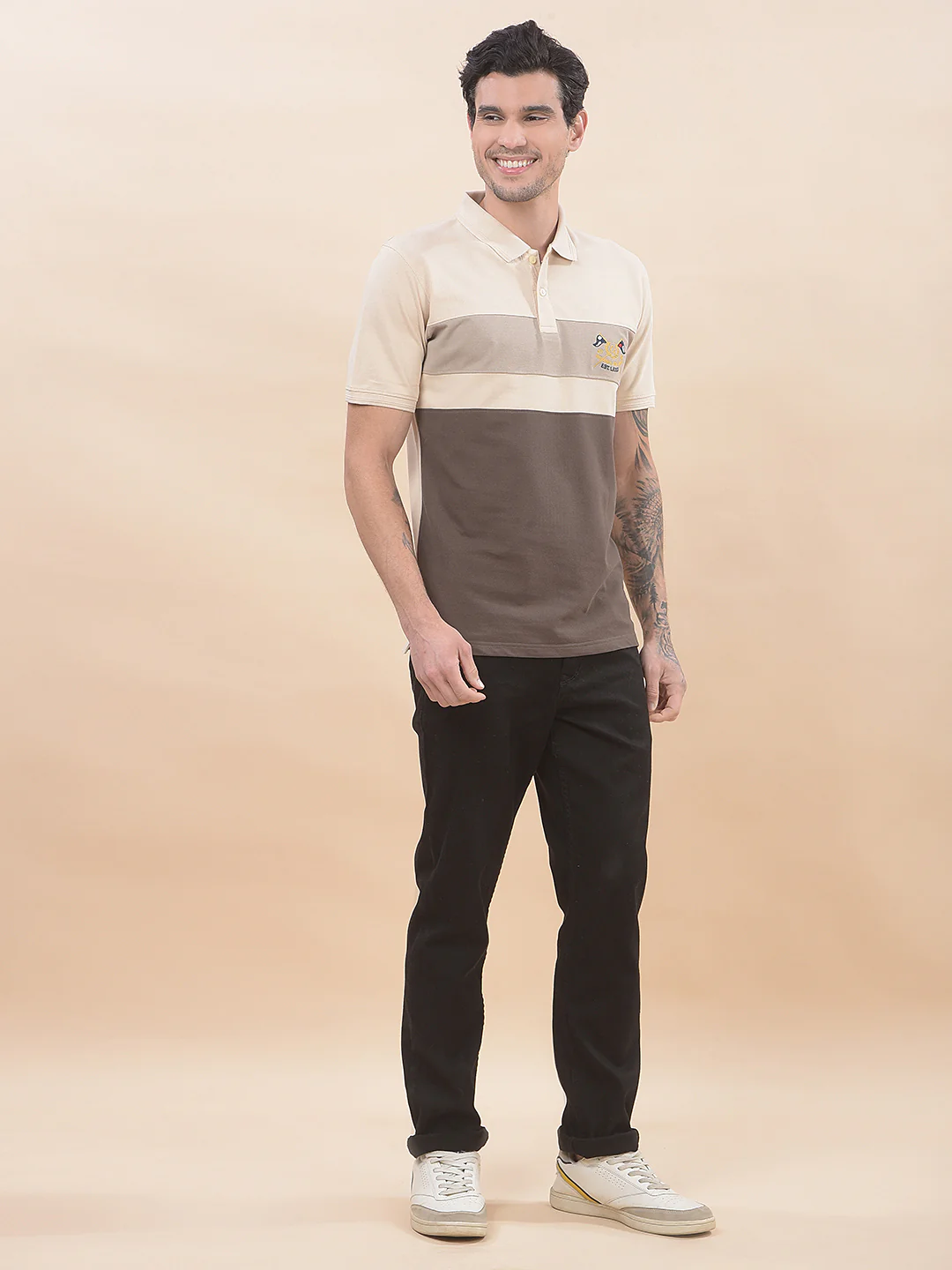 T-Shirt for Men | Breathable & Soft with Color Fastness Regular Fit Polo Neck Poly Cotton Fabric Colourblocked Pattern - Image 7