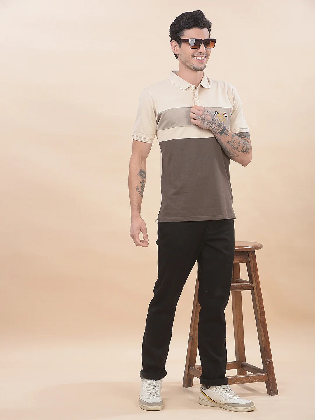 T-Shirt for Men | Breathable & Soft with Color Fastness Regular Fit Polo Neck Poly Cotton Fabric Colourblocked Pattern - Image 8