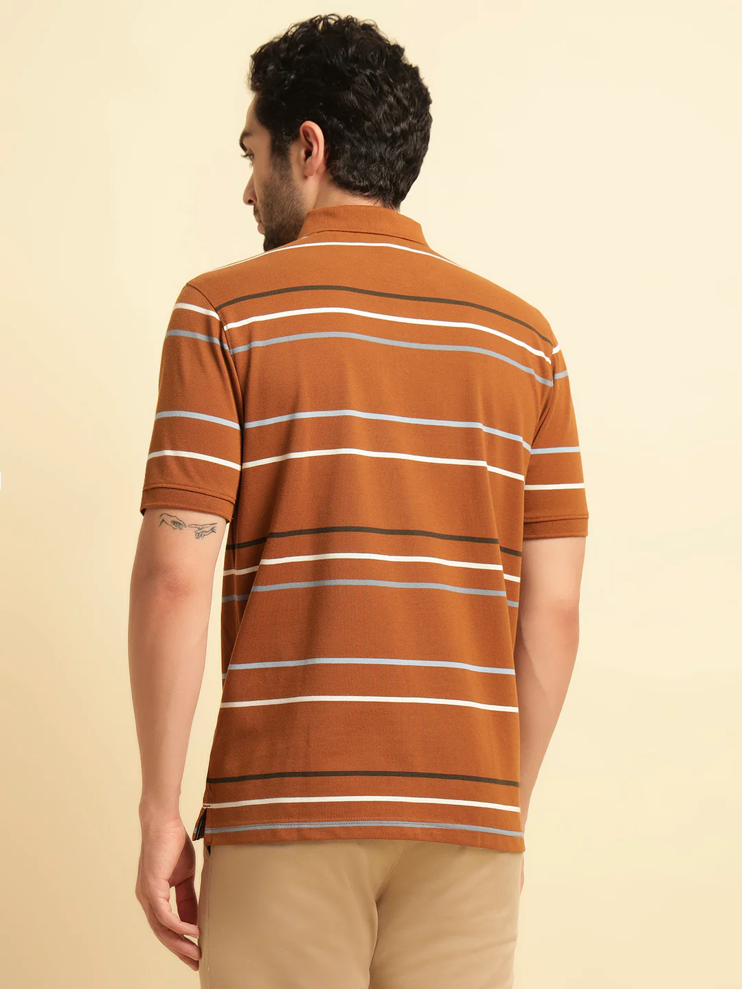 T-Shirt for Men | Breathable & Soft with Color Fastness Regular Fit Polo Neck Poly Cotton Fabric Striped Pattern - Image 2