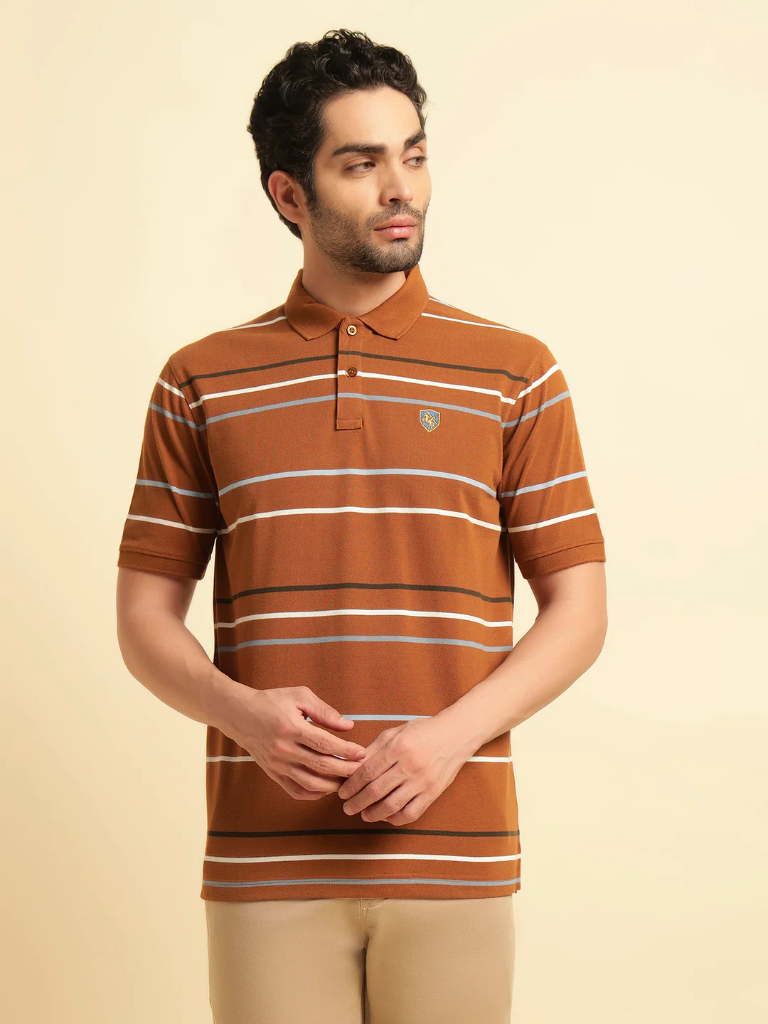 T-Shirt for Men | Breathable & Soft with Color Fastness Regular Fit Polo Neck Poly Cotton Fabric Striped Pattern - Image 3