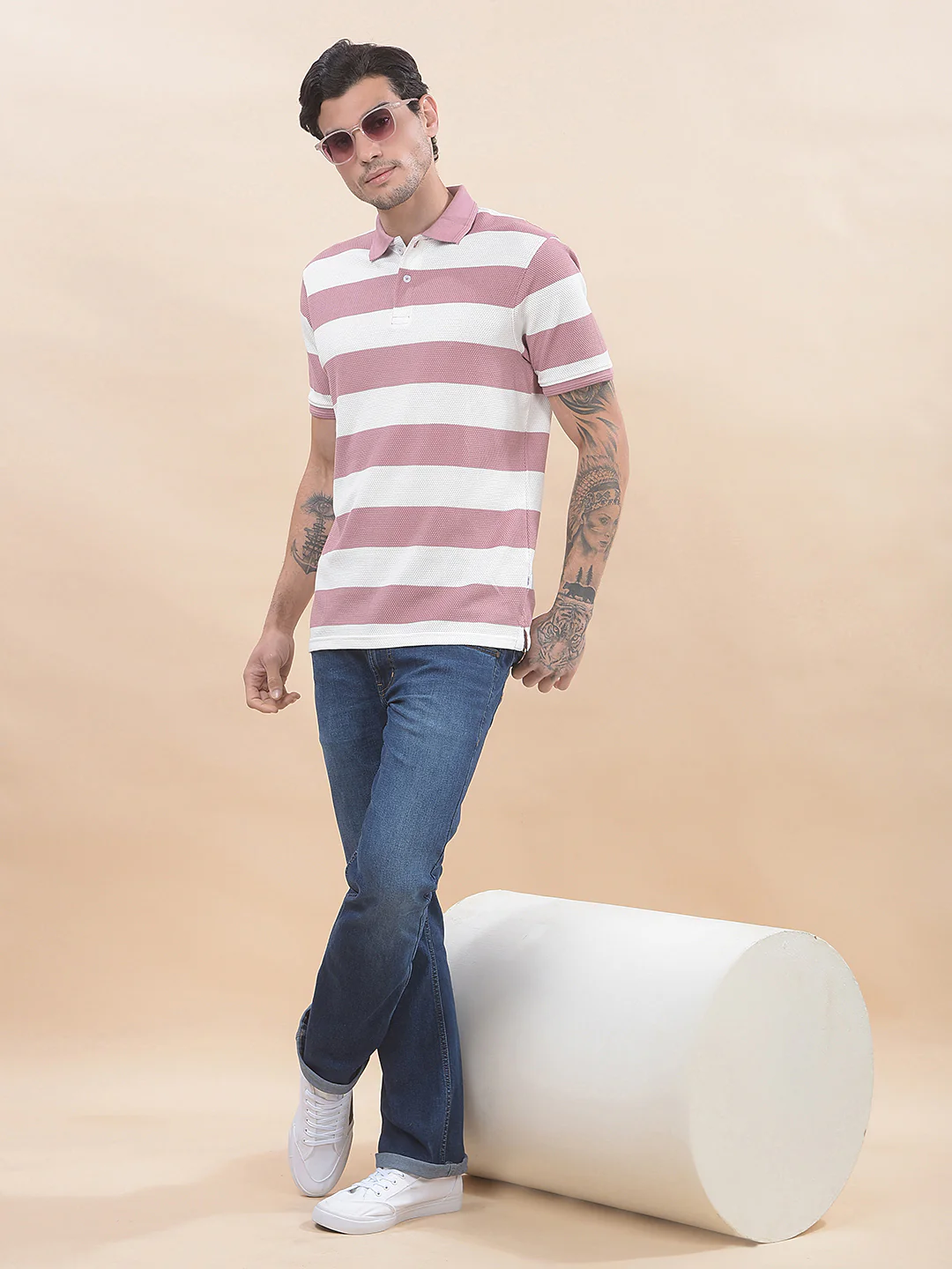 T-Shirt for Men | Breathable & Soft with Color Fastness Regular Fit Polo Neck Poly Cotton Fabric Striped Pattern