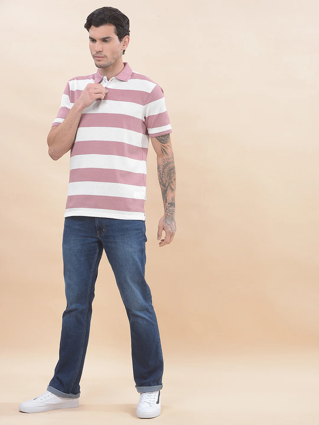 T-Shirt for Men | Breathable & Soft with Color Fastness Regular Fit Polo Neck Poly Cotton Fabric Striped Pattern - Image 2