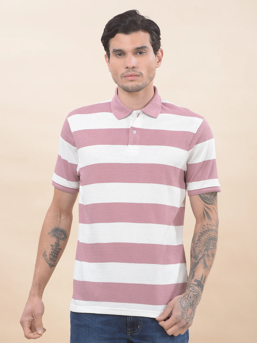 T-Shirt for Men | Breathable & Soft with Color Fastness Regular Fit Polo Neck Poly Cotton Fabric Striped Pattern - Image 4