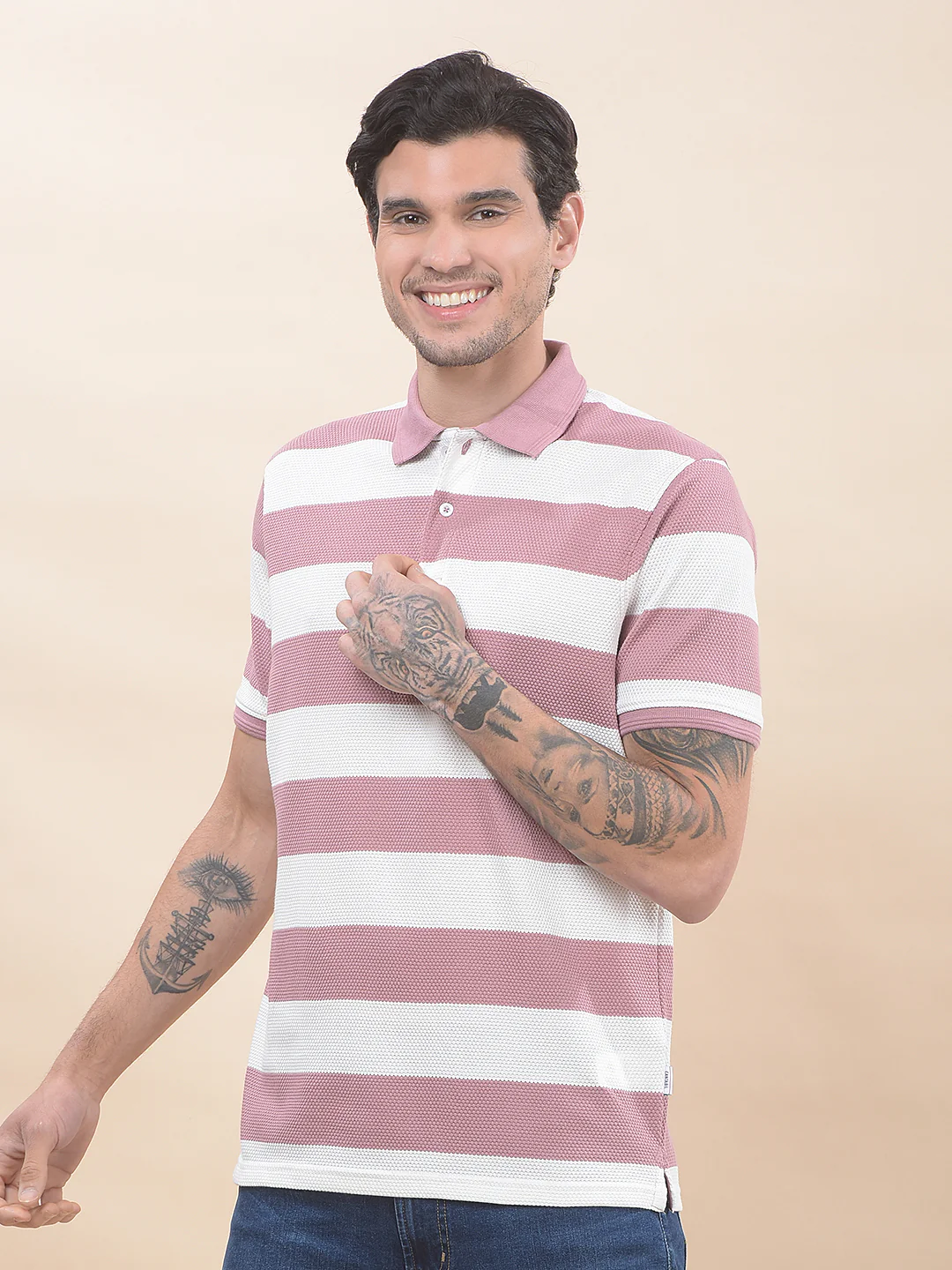 T-Shirt for Men | Breathable & Soft with Color Fastness Regular Fit Polo Neck Poly Cotton Fabric Striped Pattern - Image 5