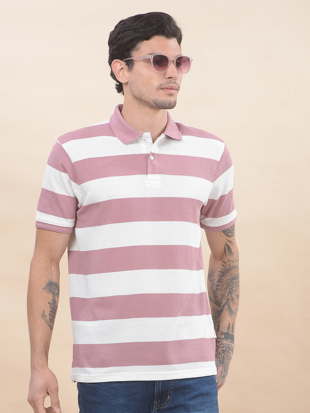 T-Shirt for Men | Breathable & Soft with Color Fastness Regular Fit Polo Neck Poly Cotton Fabric Striped Pattern - Image 8