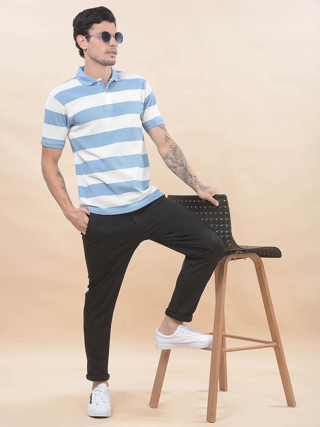 T-Shirt for Men | Breathable & Soft with Color Fastness Regular Fit Polo Neck Poly Cotton Fabric Striped Pattern