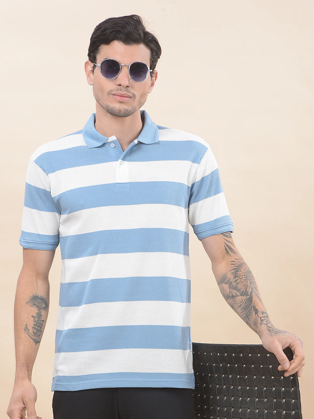 T-Shirt for Men | Breathable & Soft with Color Fastness Regular Fit Polo Neck Poly Cotton Fabric Striped Pattern - Image 2