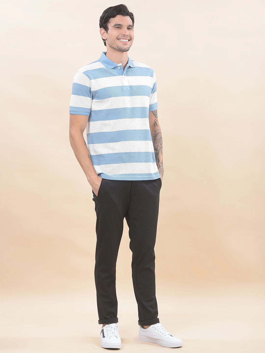 T-Shirt for Men | Breathable & Soft with Color Fastness Regular Fit Polo Neck Poly Cotton Fabric Striped Pattern - Image 4
