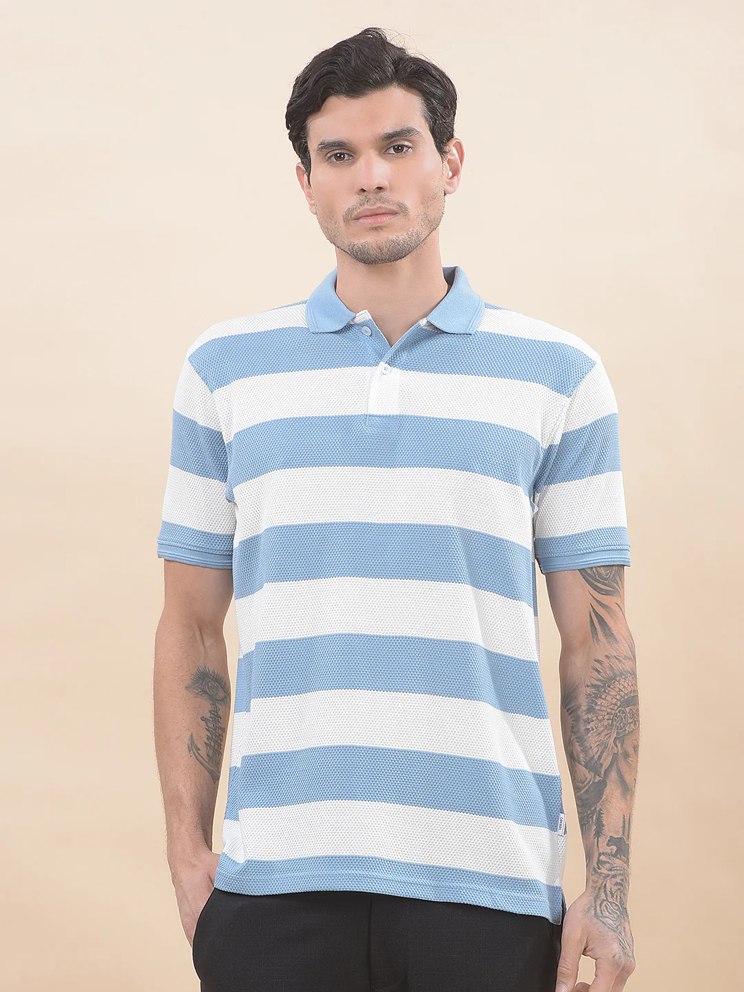 T-Shirt for Men | Breathable & Soft with Color Fastness Regular Fit Polo Neck Poly Cotton Fabric Striped Pattern - Image 6