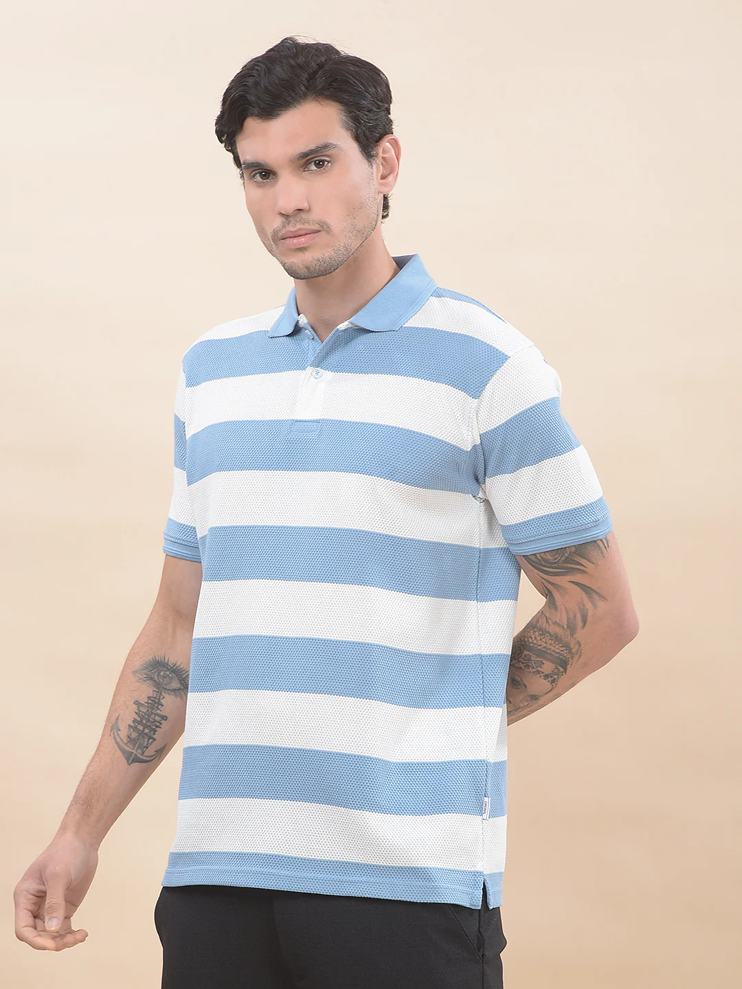 T-Shirt for Men | Breathable & Soft with Color Fastness Regular Fit Polo Neck Poly Cotton Fabric Striped Pattern - Image 7
