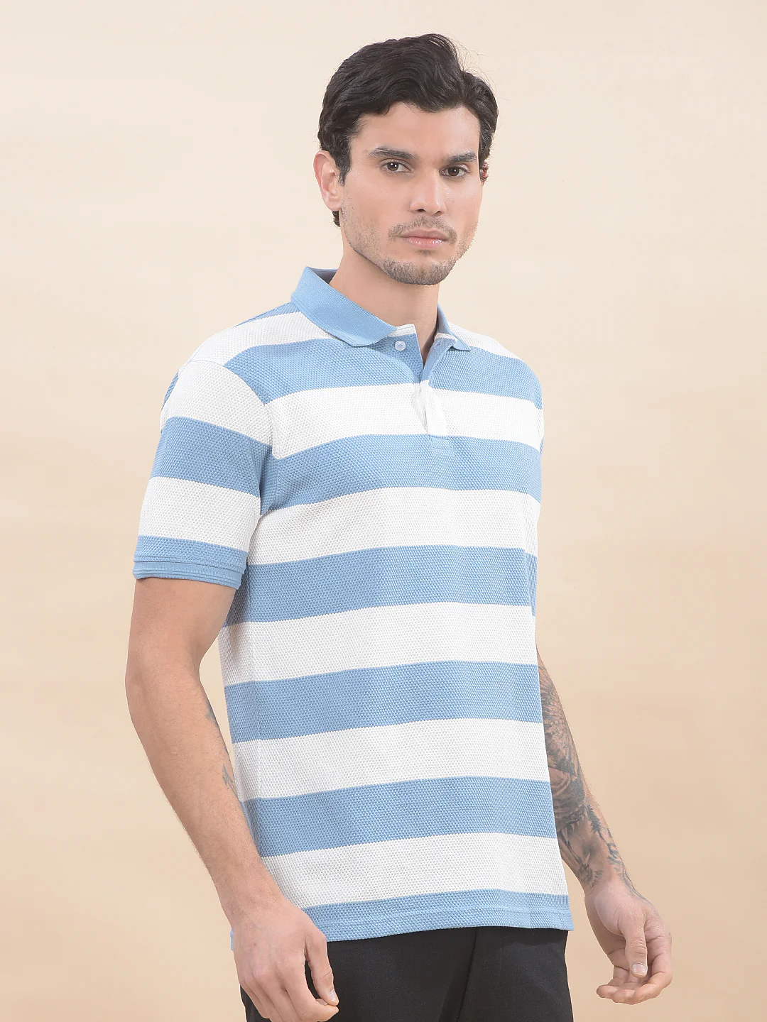 T-Shirt for Men | Breathable & Soft with Color Fastness Regular Fit Polo Neck Poly Cotton Fabric Striped Pattern - Image 8