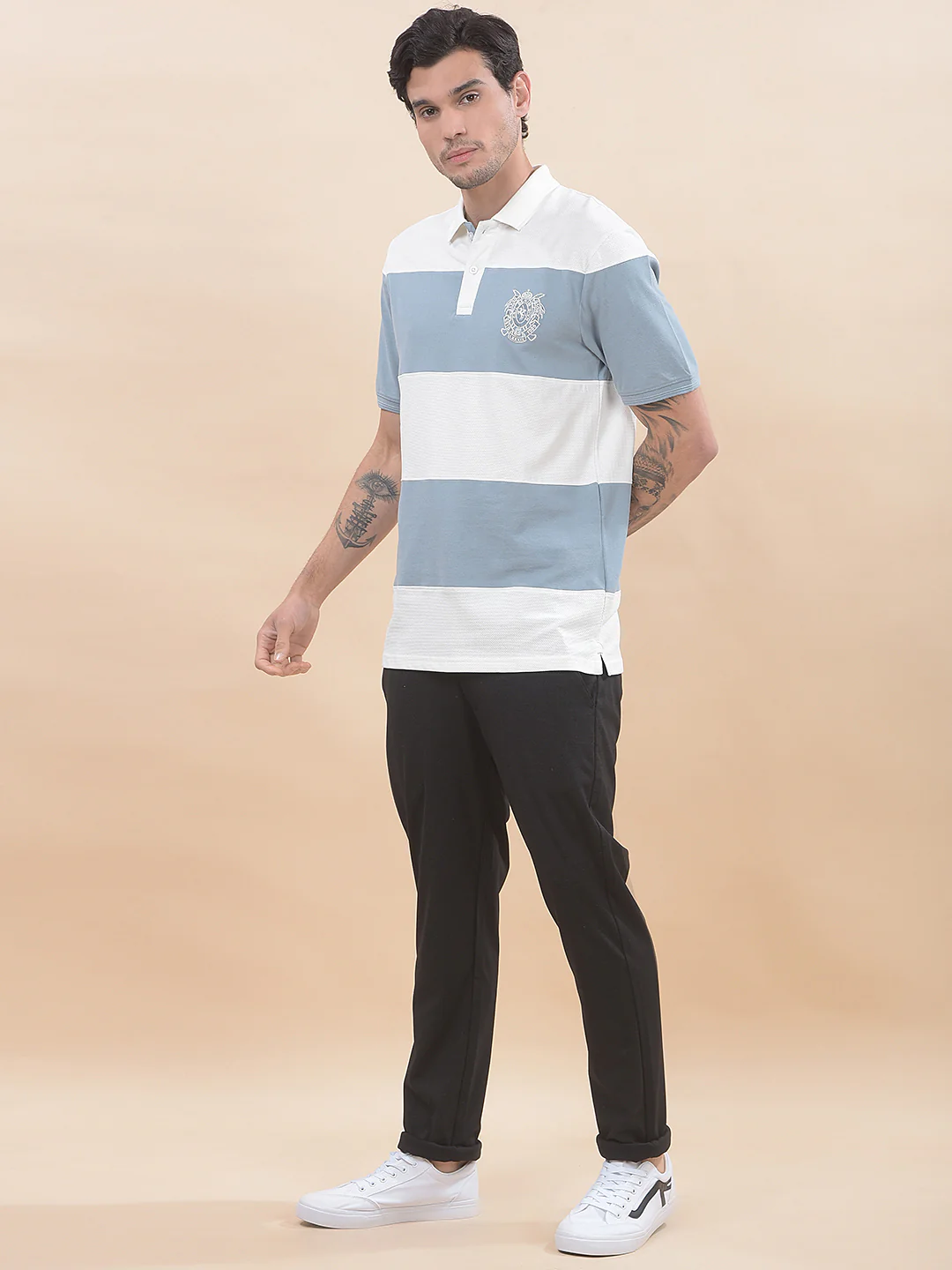T-Shirt for Men | Breathable & Soft with Color Fastness Regular Fit Polo Neck Poly Cotton Fabric Striped Pattern - Image 4