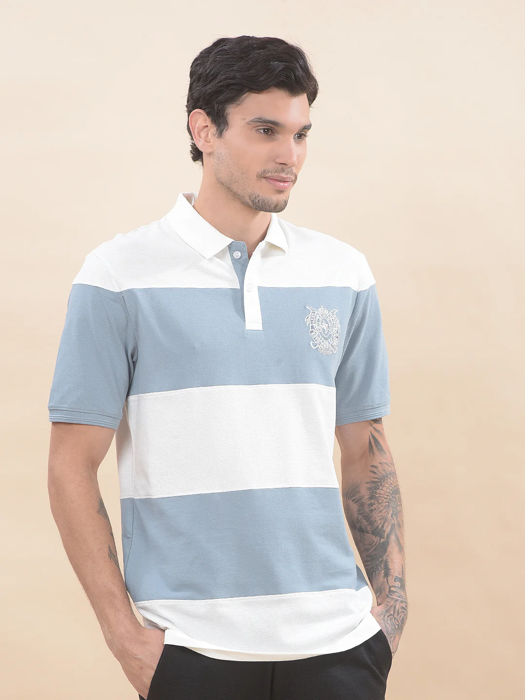T-Shirt for Men | Breathable & Soft with Color Fastness Regular Fit Polo Neck Poly Cotton Fabric Striped Pattern - Image 6