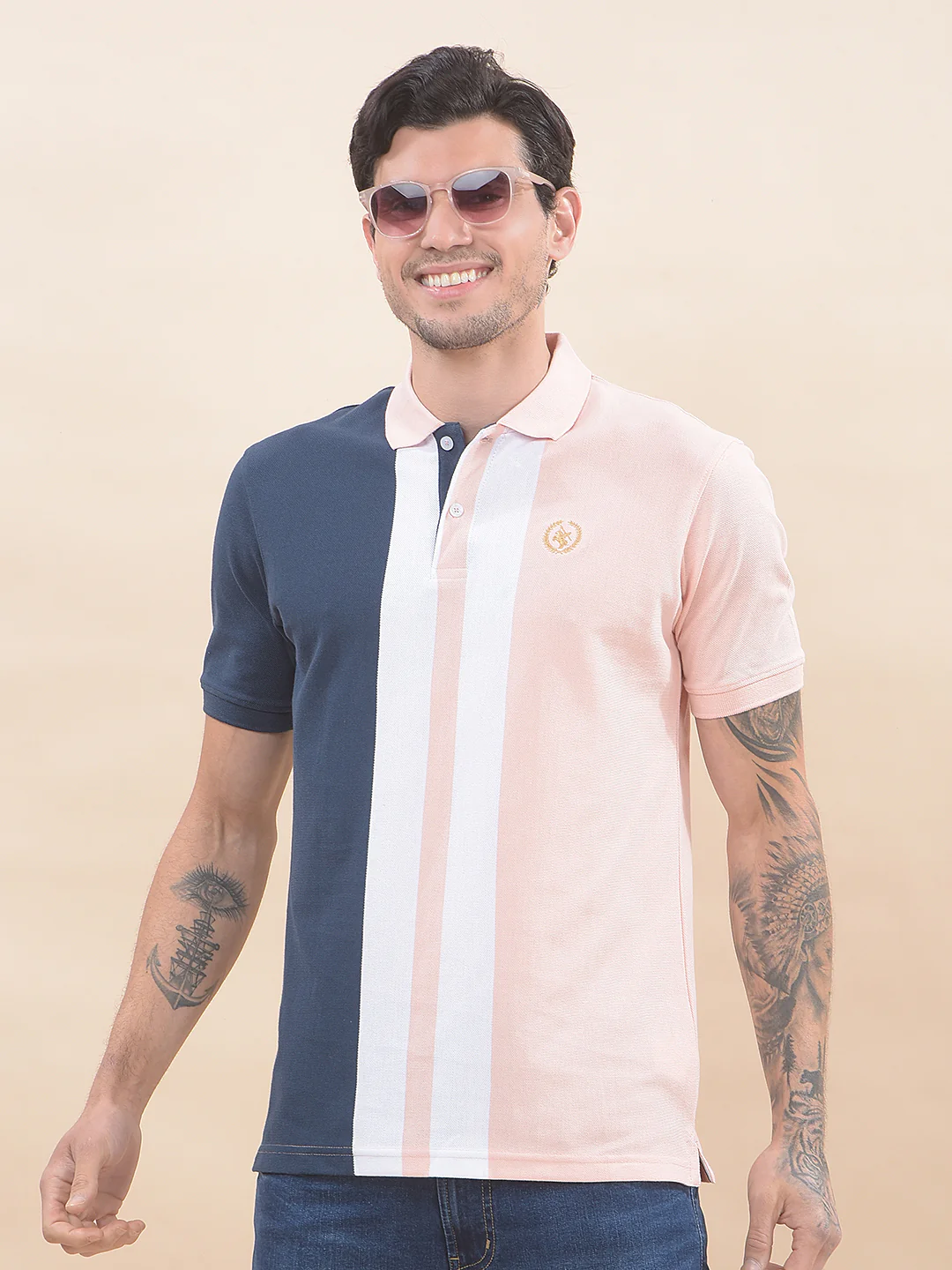 T-Shirt for Men | Breathable & Soft with Color Fastness Regular Fit Polo Neck Poly Cotton Fabric Striped Pattern