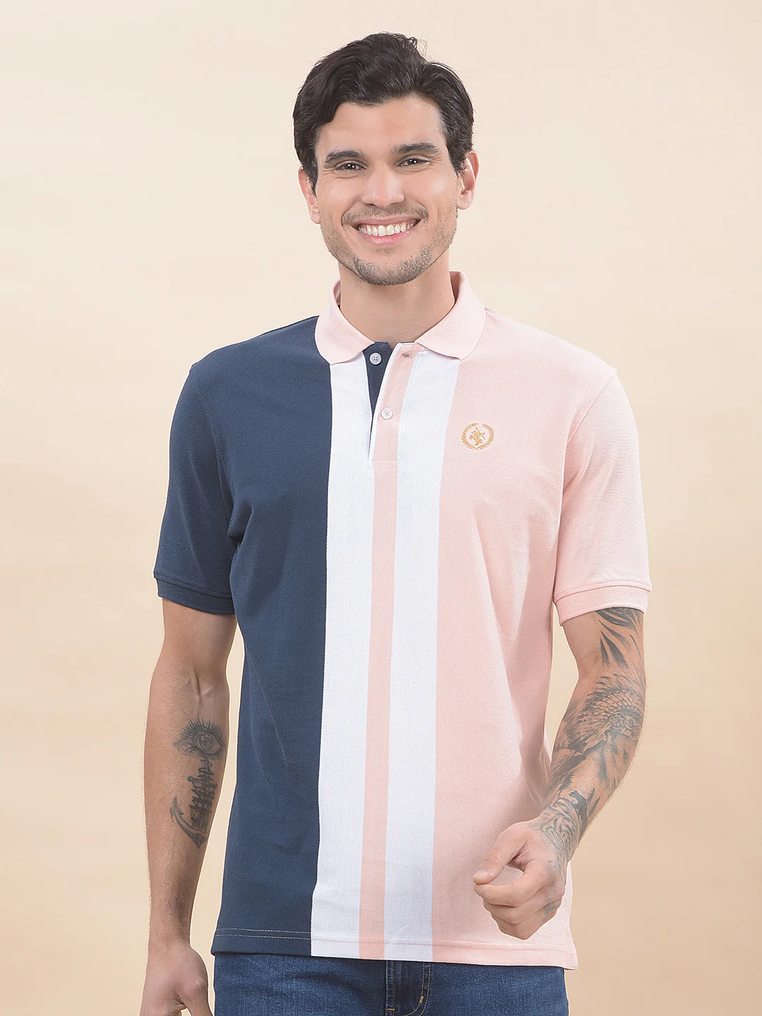 T-Shirt for Men | Breathable & Soft with Color Fastness Regular Fit Polo Neck Poly Cotton Fabric Striped Pattern - Image 3