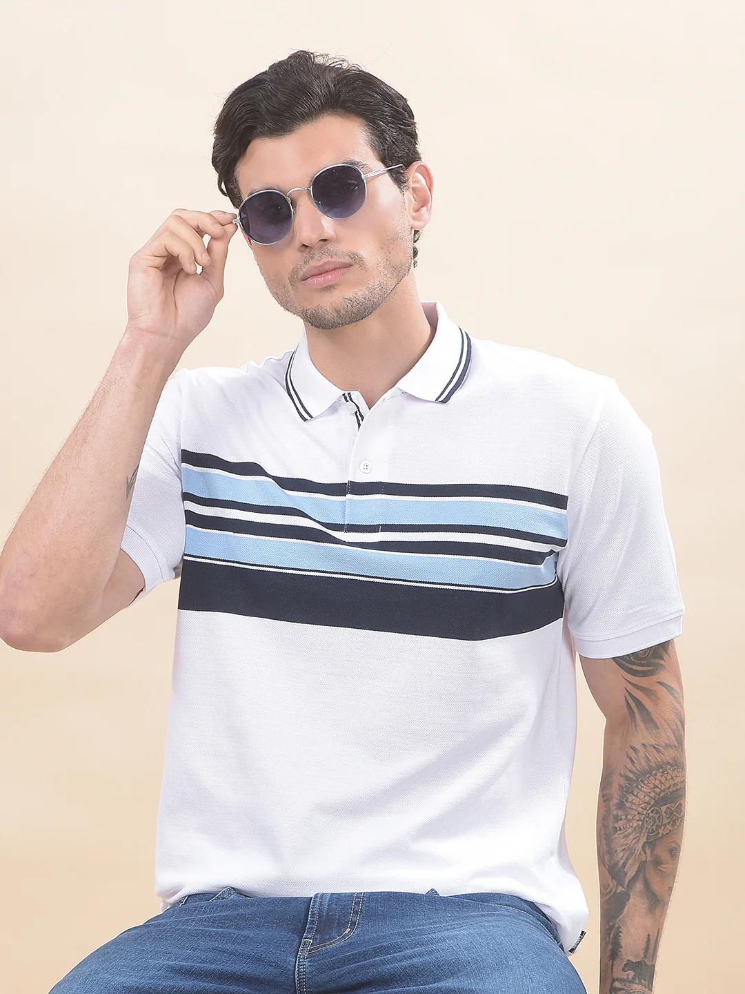 T-Shirt for Men | Breathable & Soft with Color Fastness Regular Fit Polo Neck Poly Cotton Fabric Striped Pattern - Image 2