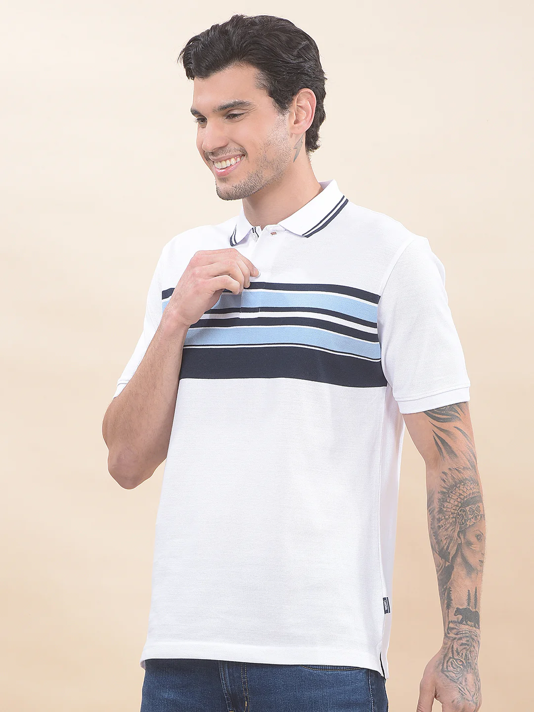 T-Shirt for Men | Breathable & Soft with Color Fastness Regular Fit Polo Neck Poly Cotton Fabric Striped Pattern - Image 5