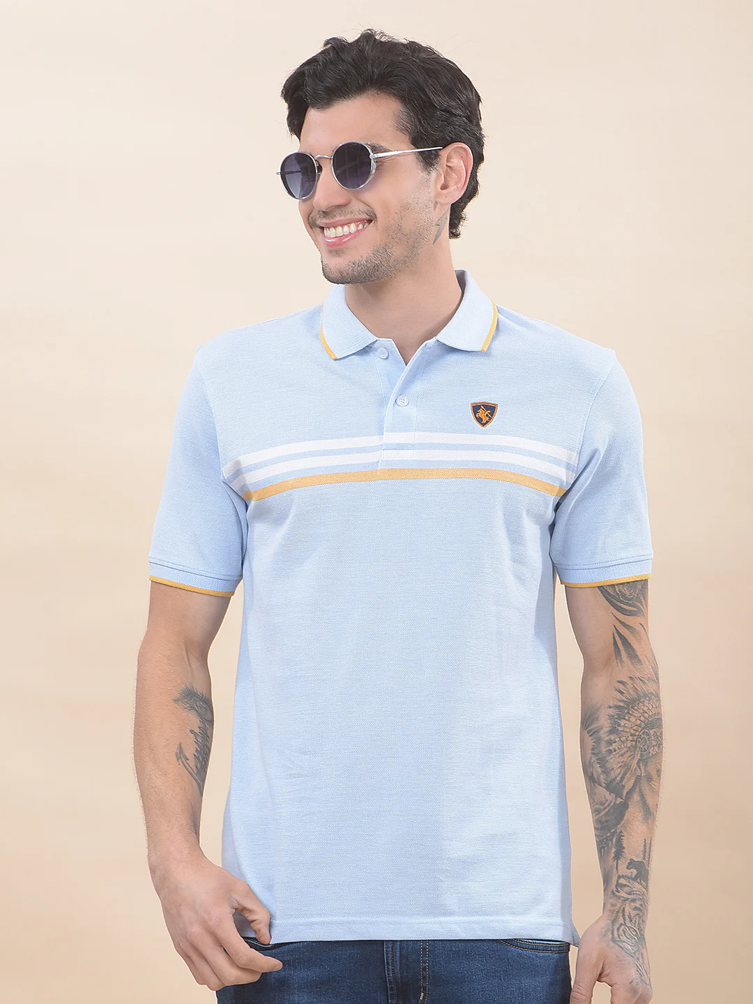 T-Shirt for Men | Breathable & Soft with Color Fastness Regular Fit Polo Neck Poly Cotton Fabric Striped Pattern