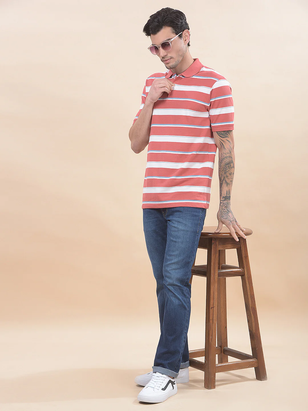 T-Shirt for Men | Breathable & Soft with Color Fastness Regular Fit Polo Neck Poly Cotton Fabric Striped Pattern