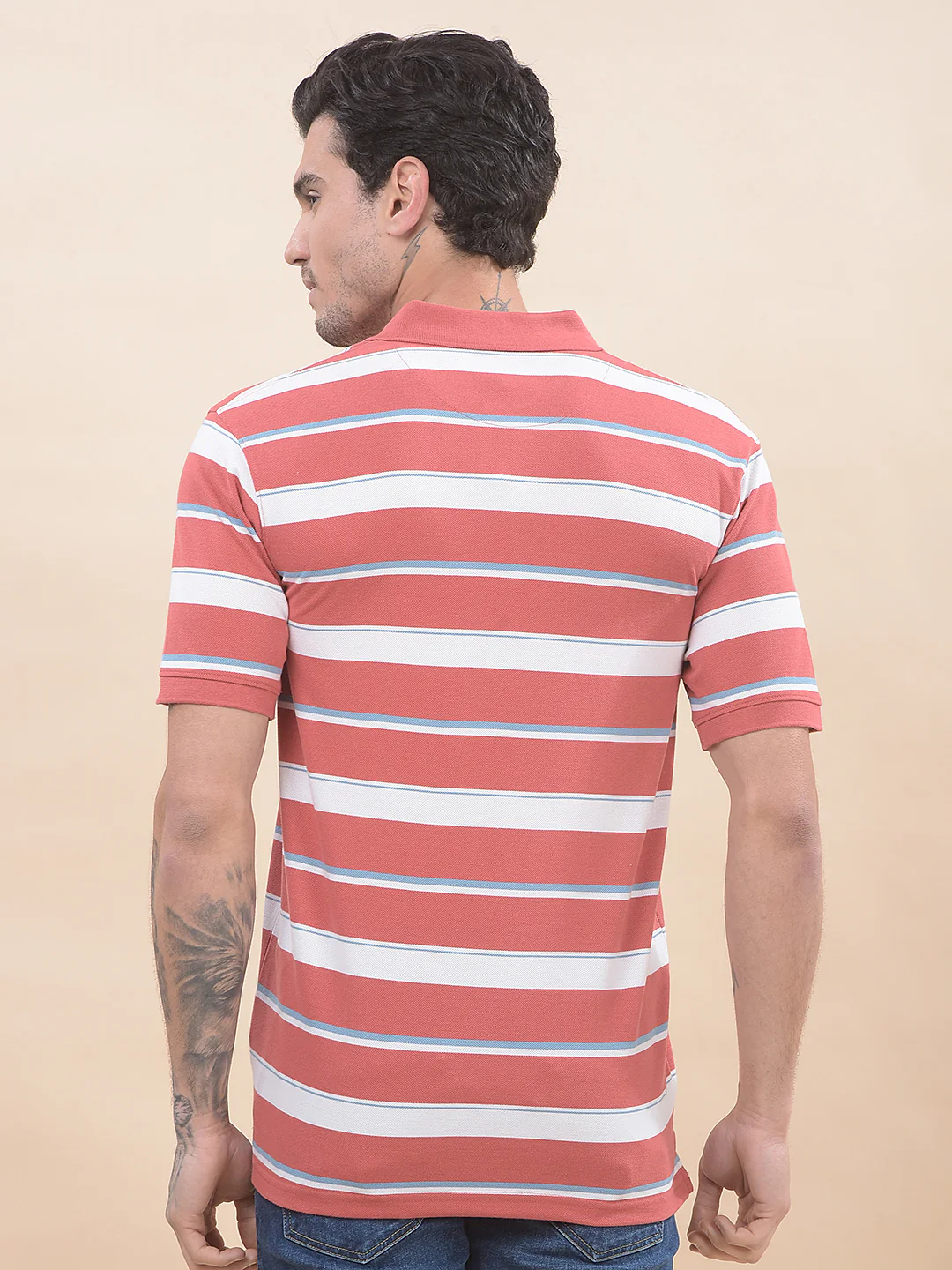 T-Shirt for Men | Breathable & Soft with Color Fastness Regular Fit Polo Neck Poly Cotton Fabric Striped Pattern - Image 2