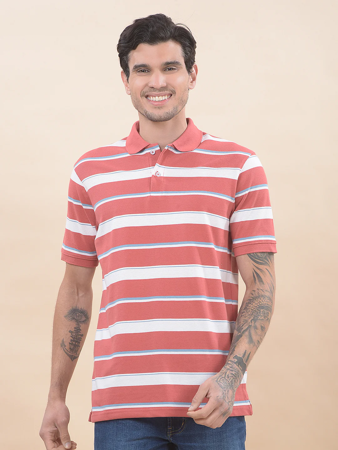T-Shirt for Men | Breathable & Soft with Color Fastness Regular Fit Polo Neck Poly Cotton Fabric Striped Pattern - Image 3