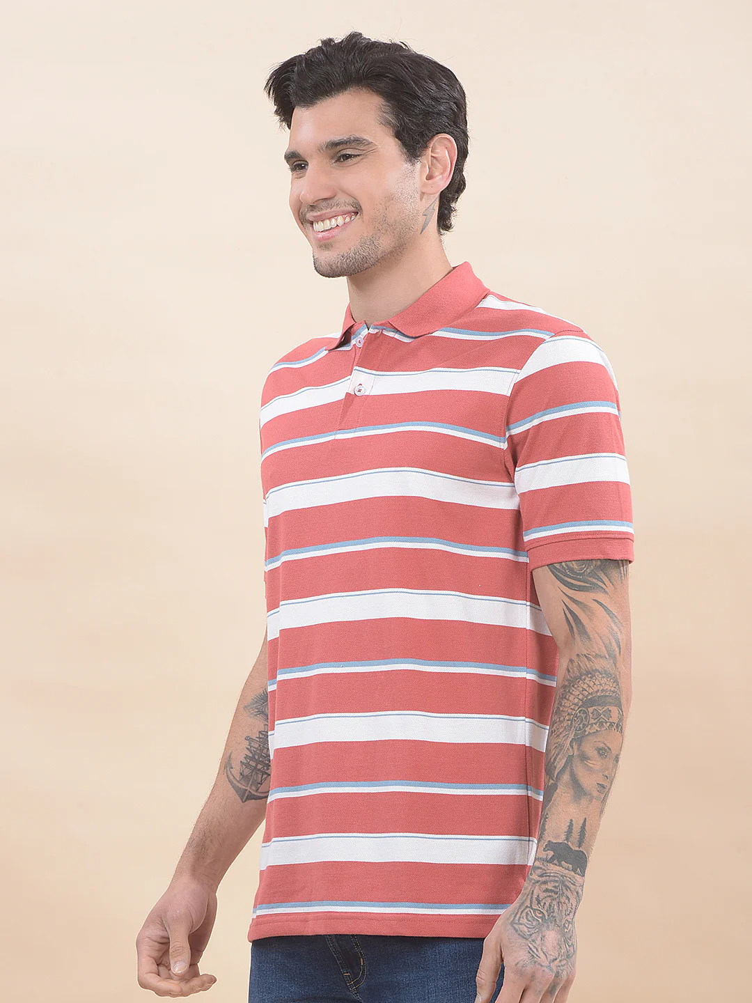 T-Shirt for Men | Breathable & Soft with Color Fastness Regular Fit Polo Neck Poly Cotton Fabric Striped Pattern - Image 4