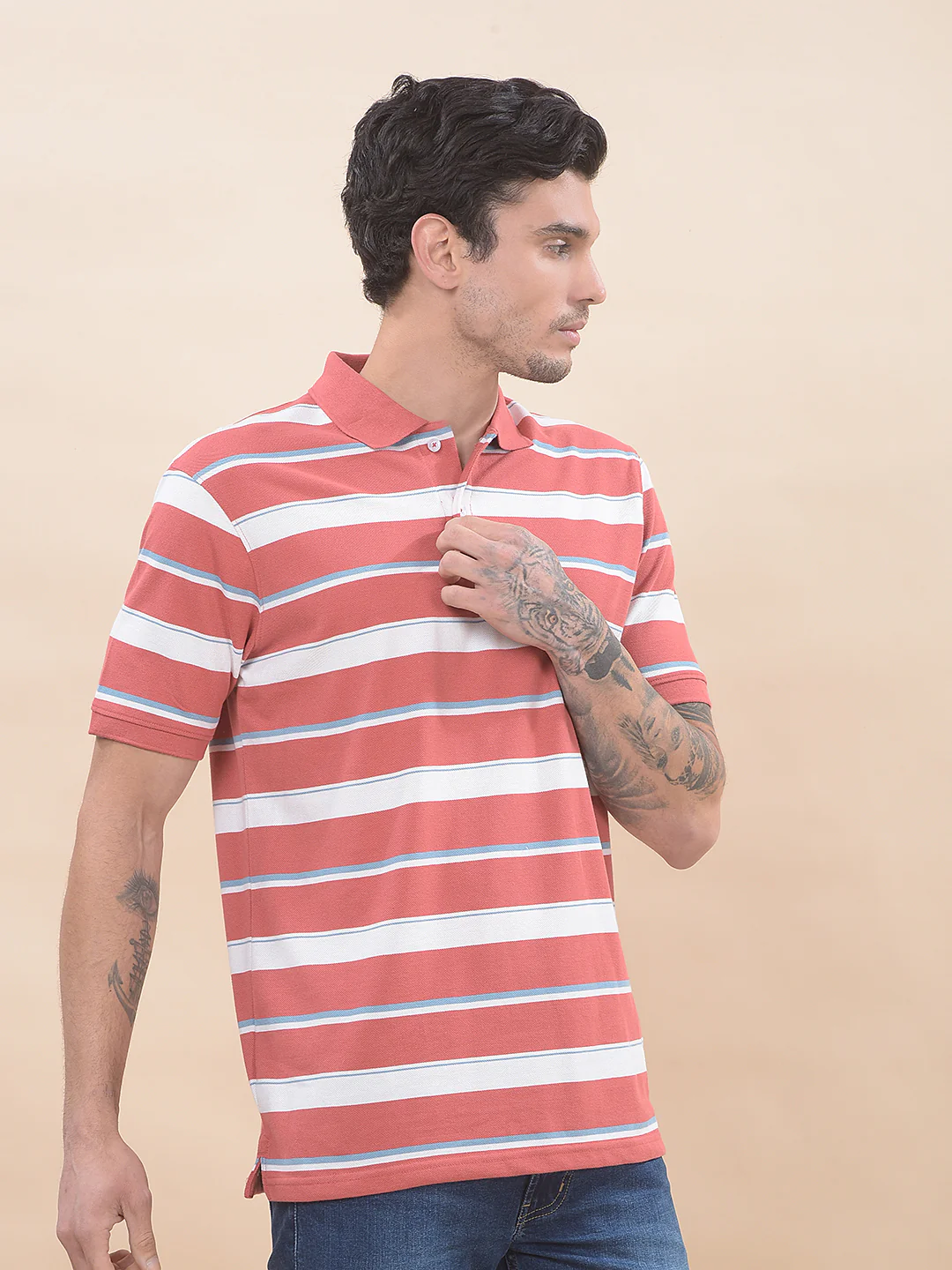 T-Shirt for Men | Breathable & Soft with Color Fastness Regular Fit Polo Neck Poly Cotton Fabric Striped Pattern - Image 5