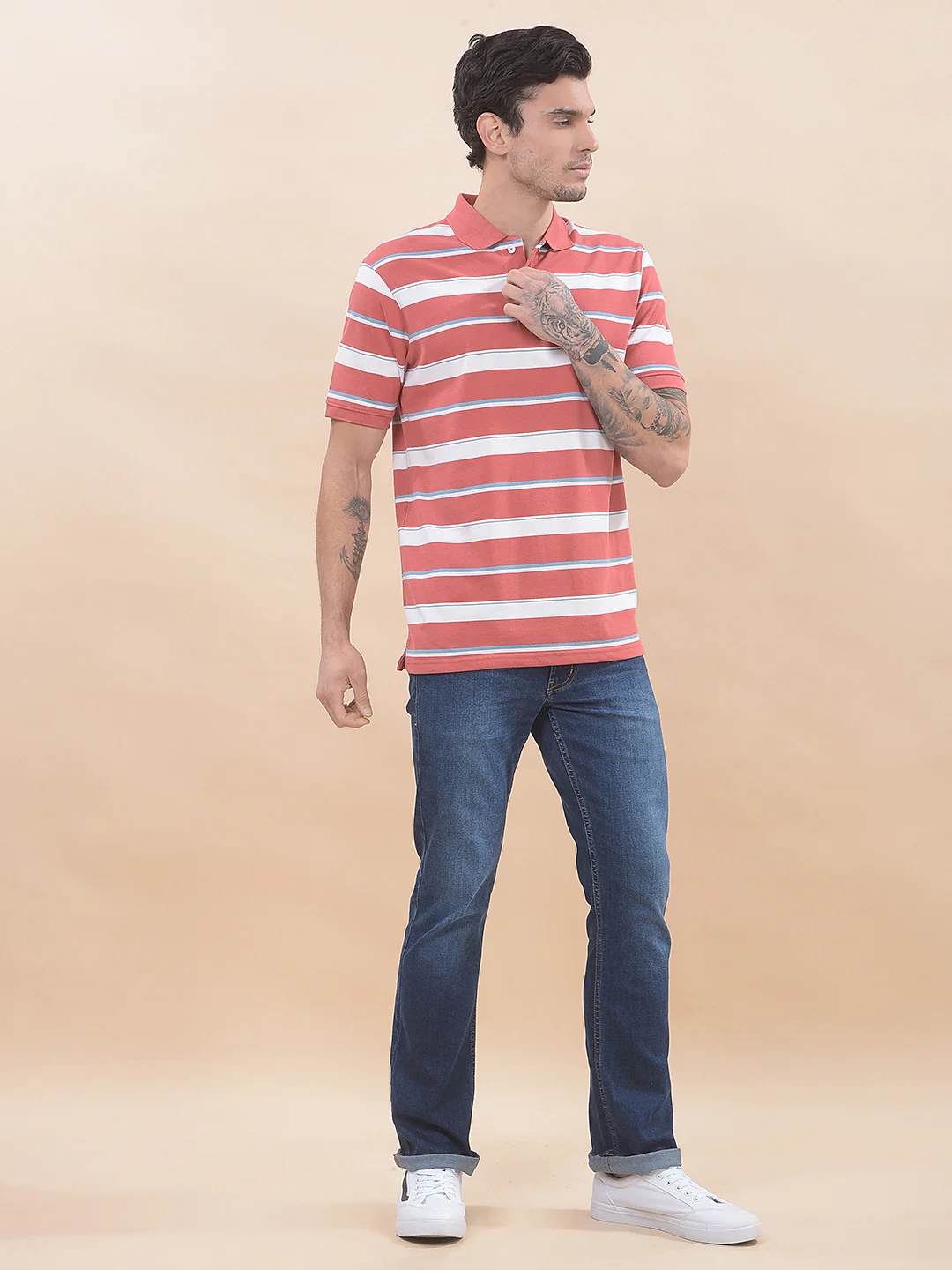T-Shirt for Men | Breathable & Soft with Color Fastness Regular Fit Polo Neck Poly Cotton Fabric Striped Pattern - Image 7