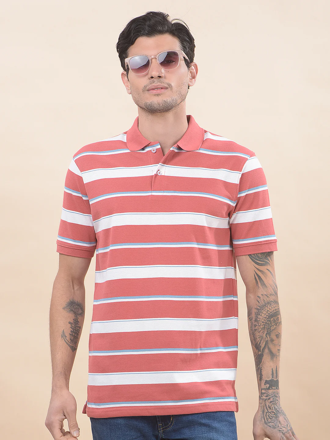T-Shirt for Men | Breathable & Soft with Color Fastness Regular Fit Polo Neck Poly Cotton Fabric Striped Pattern - Image 8