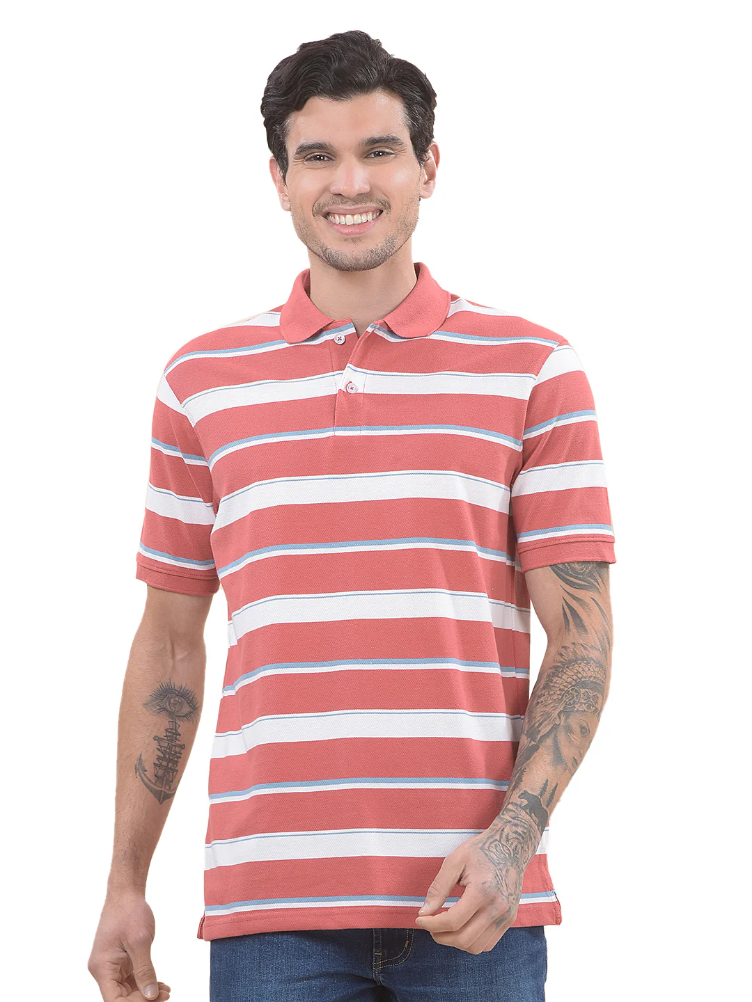 T-Shirt for Men | Breathable & Soft with Color Fastness Regular Fit Polo Neck Poly Cotton Fabric Striped Pattern - Image 9