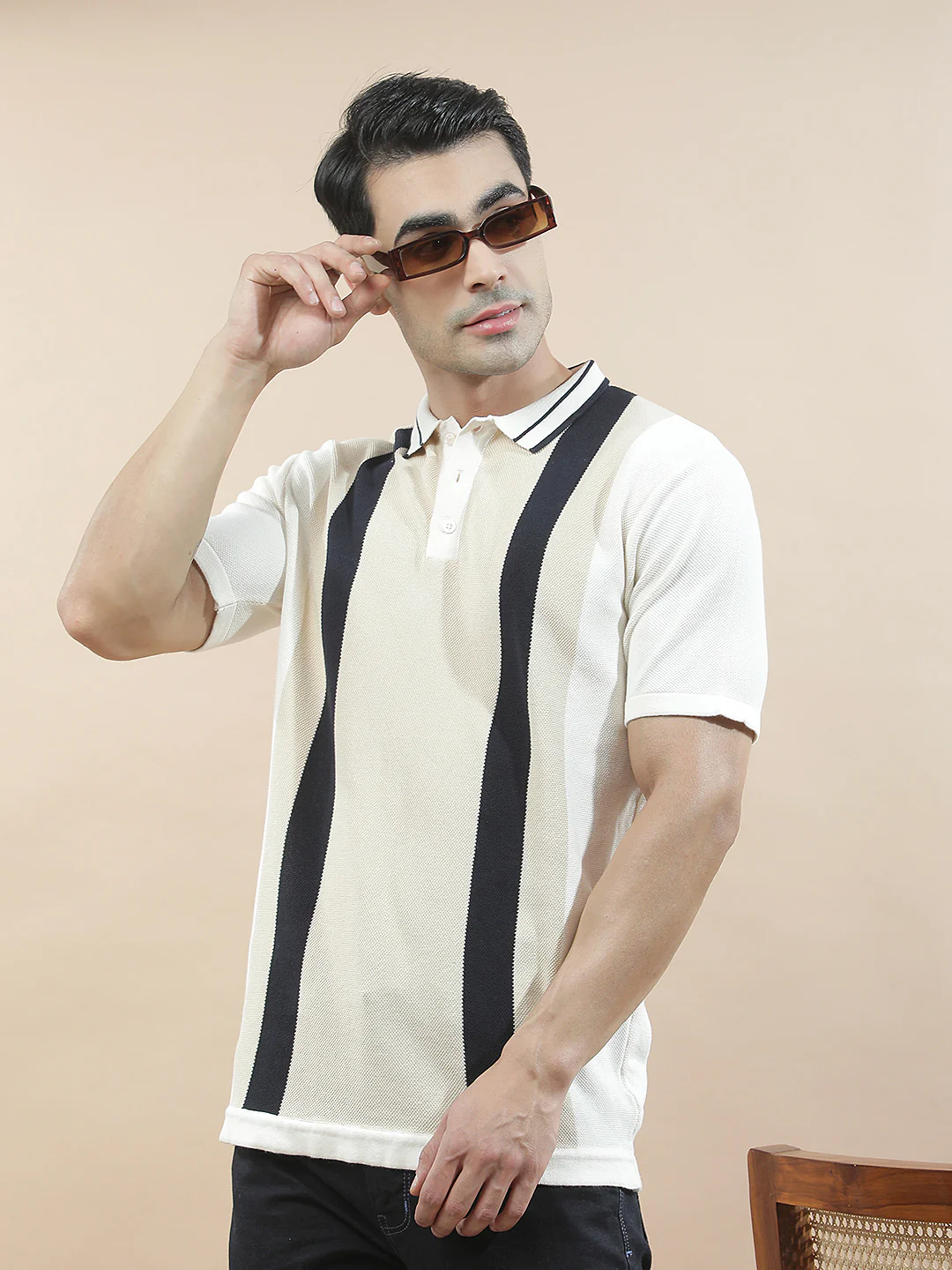 T-Shirt for Men | Breathable & Soft with Color Fastness Regular Fit Polo Neck Poly Cotton Fabric Striped Pattern