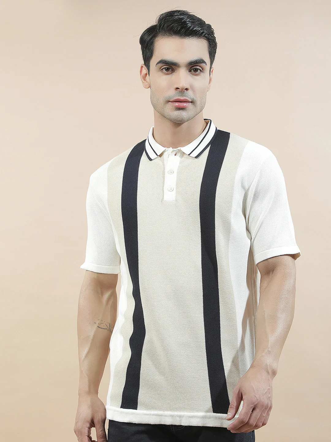 T-Shirt for Men | Breathable & Soft with Color Fastness Regular Fit Polo Neck Poly Cotton Fabric Striped Pattern - Image 3