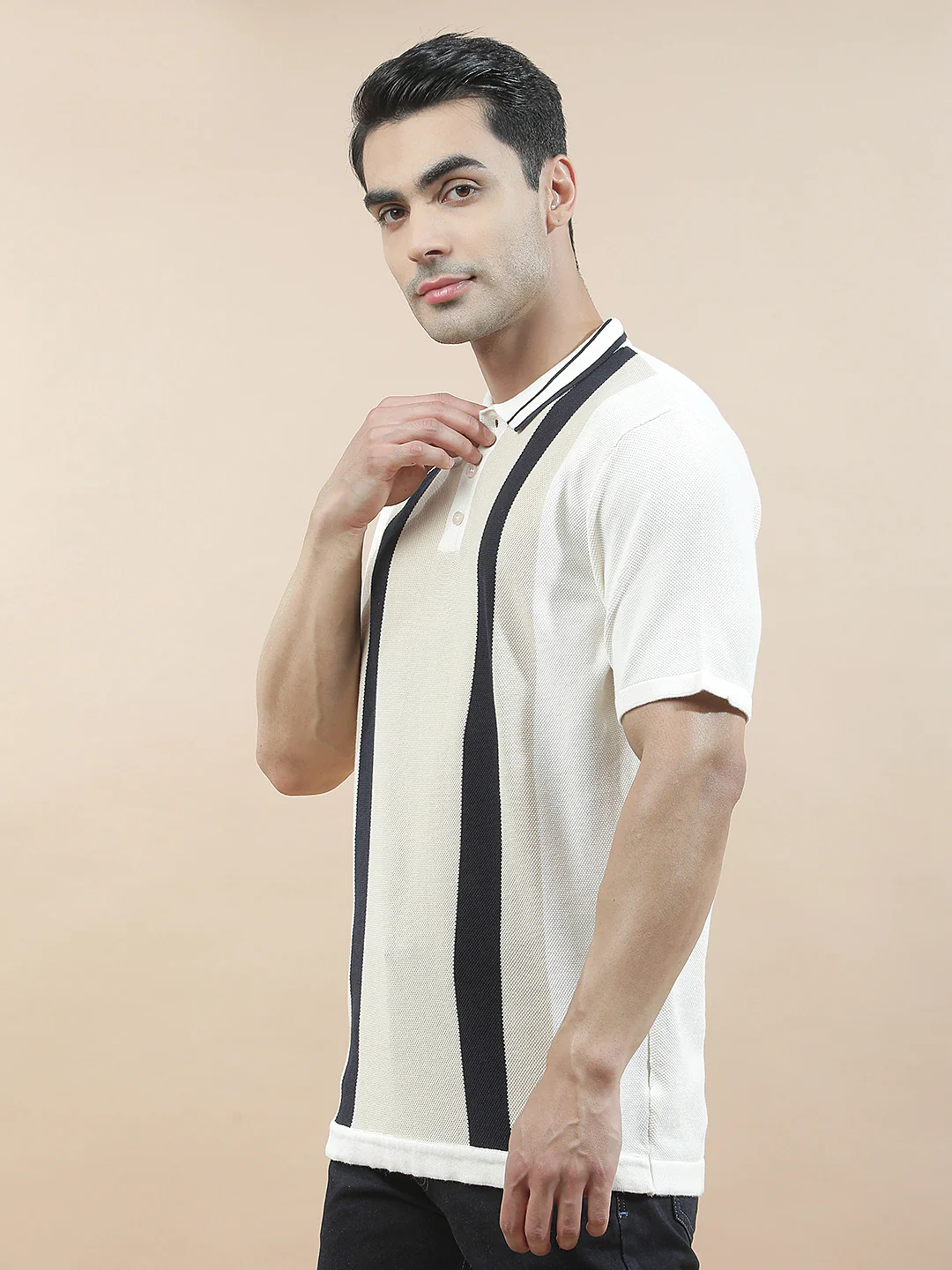 T-Shirt for Men | Breathable & Soft with Color Fastness Regular Fit Polo Neck Poly Cotton Fabric Striped Pattern - Image 4