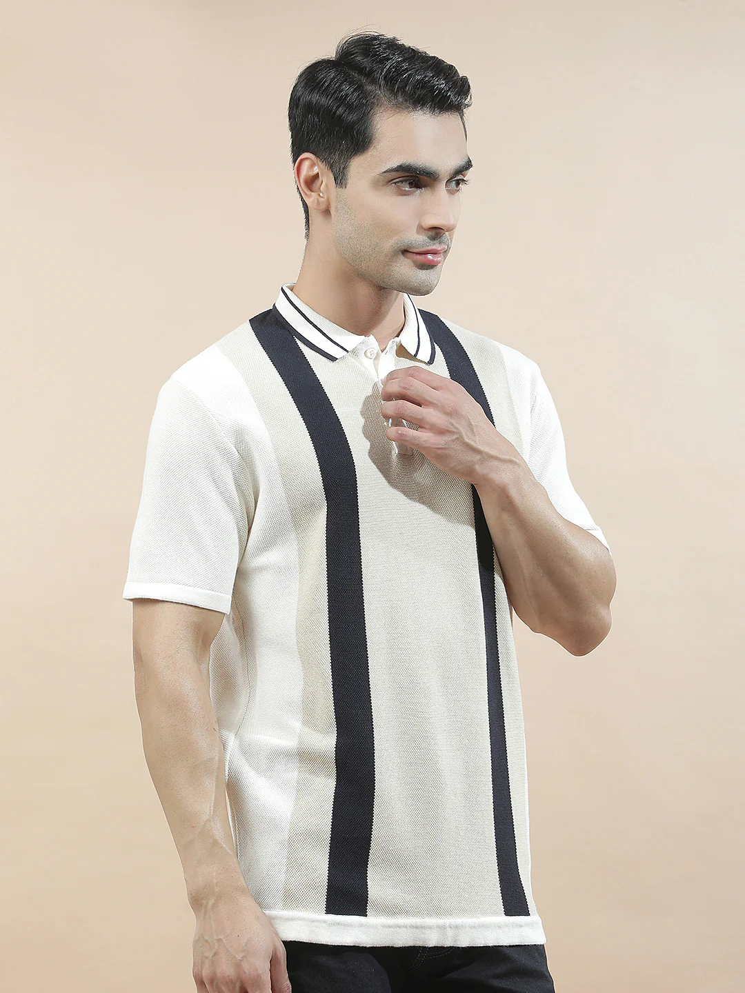 T-Shirt for Men | Breathable & Soft with Color Fastness Regular Fit Polo Neck Poly Cotton Fabric Striped Pattern - Image 5