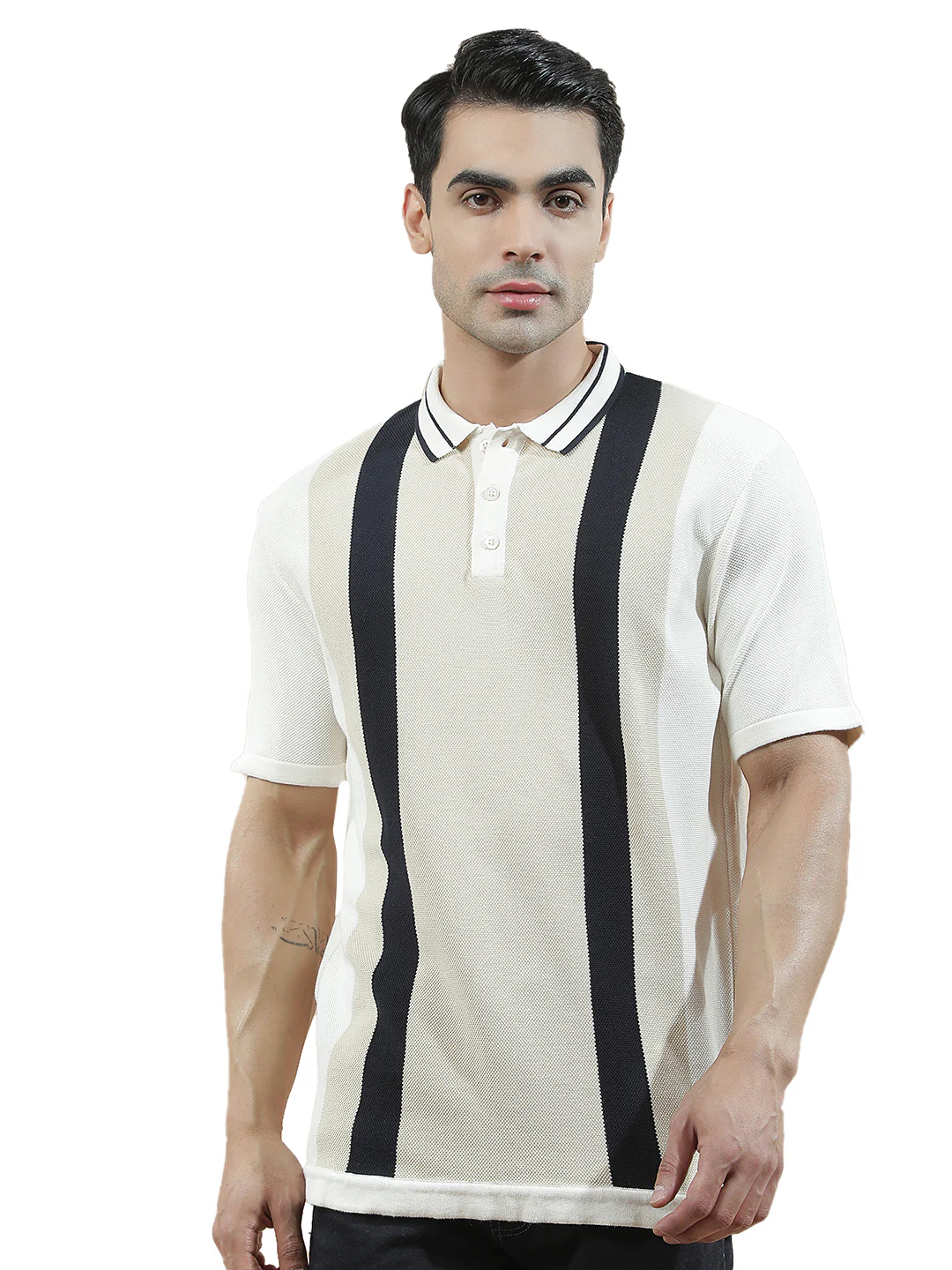 T-Shirt for Men | Breathable & Soft with Color Fastness Regular Fit Polo Neck Poly Cotton Fabric Striped Pattern - Image 9